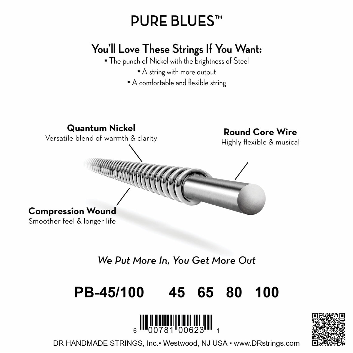 Mặt sau bao bì dây DR Pure Blues PB-45/100: mã PB-45/100, cỡ từng dây, mã vạch, DR Handmade Strings Westwood NJ USA