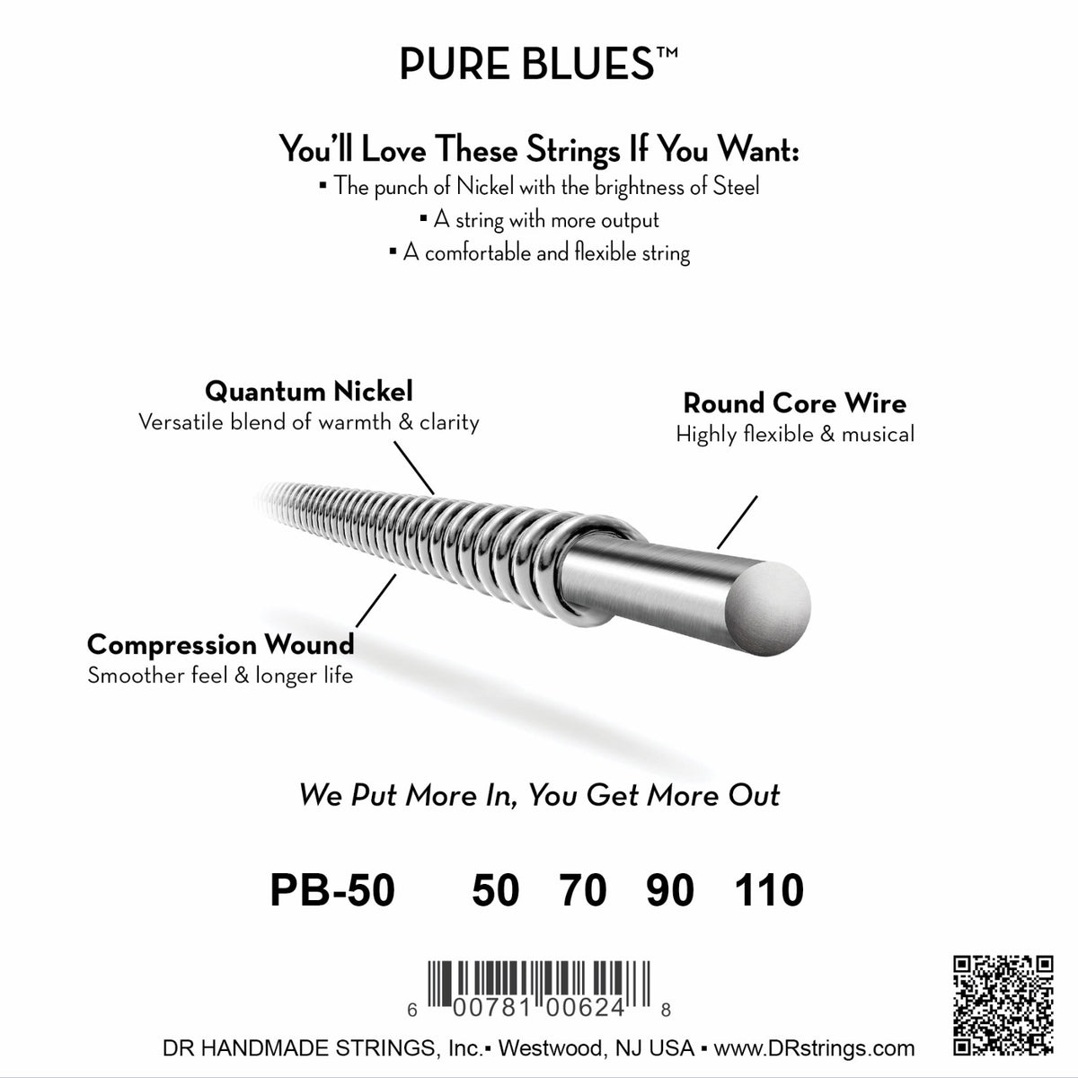 Mặt sau bao bì dây DR Pure Blues PB-50: mã PB-50, cỡ từng dây, mã vạch, DR Handmade Strings Westwood NJ USA