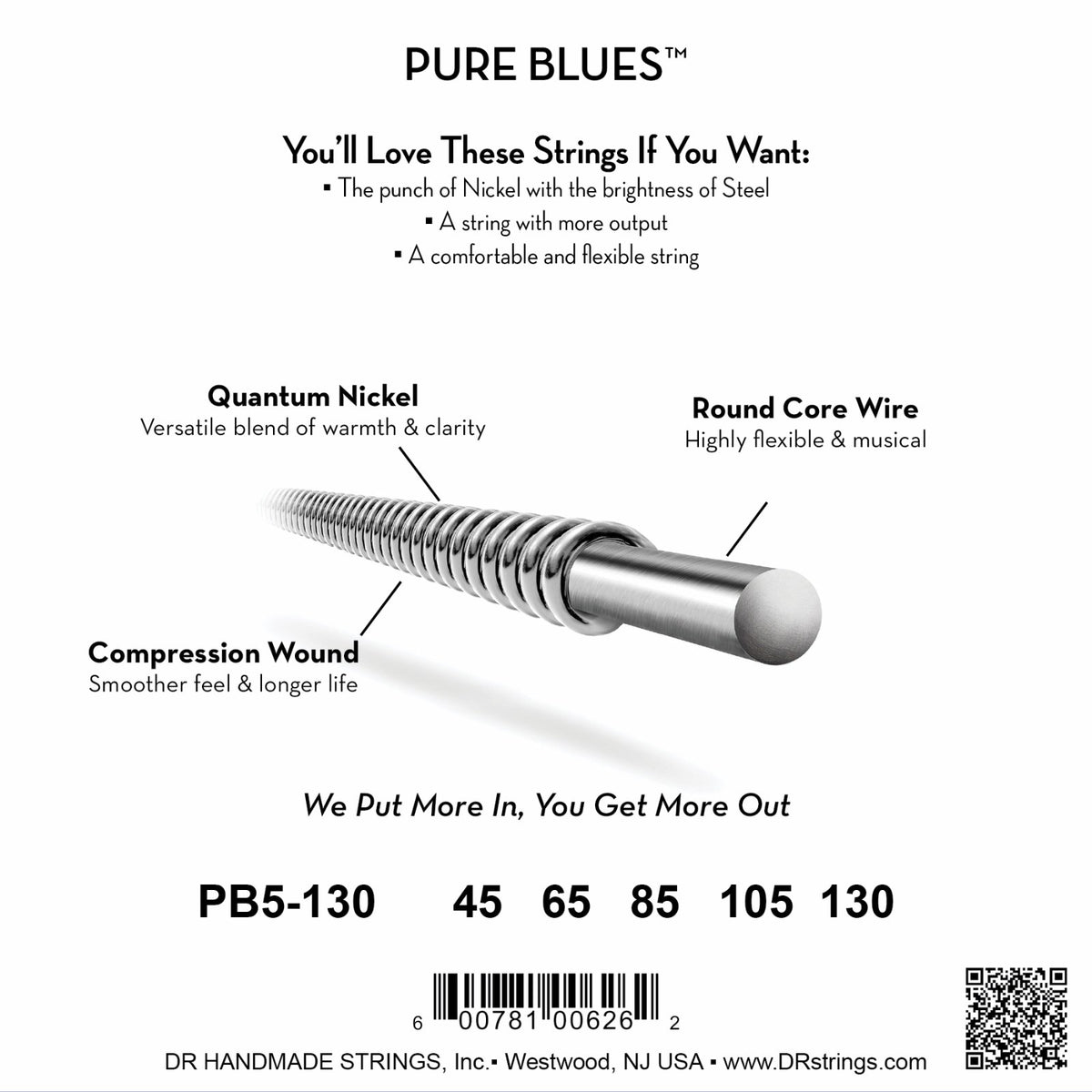 Mặt sau bao bì dây DR Pure Blues PB5-130: mã PB5-130, cỡ từng dây, mã vạch, DR Handmade Strings Westwood NJ USA