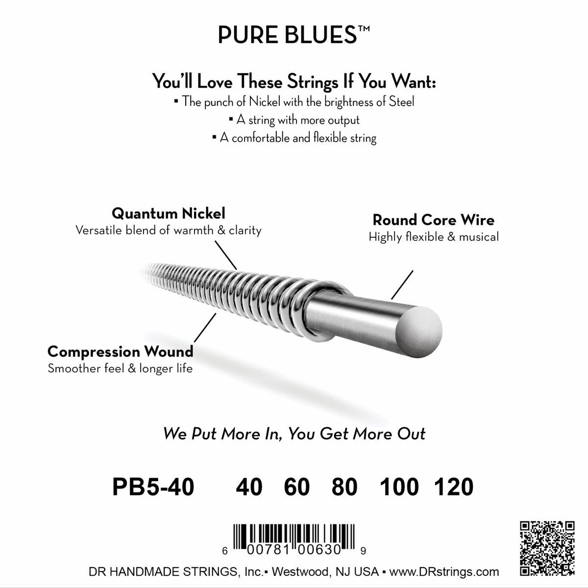 Mặt sau bao bì dây DR Pure Blues PB5-40: mã PB5-40, cỡ từng dây, mã vạch, DR Handmade Strings Westwood NJ USA