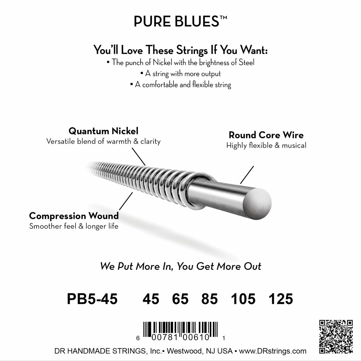 Mặt sau bao bì dây DR Pure Blues PB5-45: mã PB5-45, cỡ từng dây, mã vạch, DR Handmade Strings Westwood NJ USA