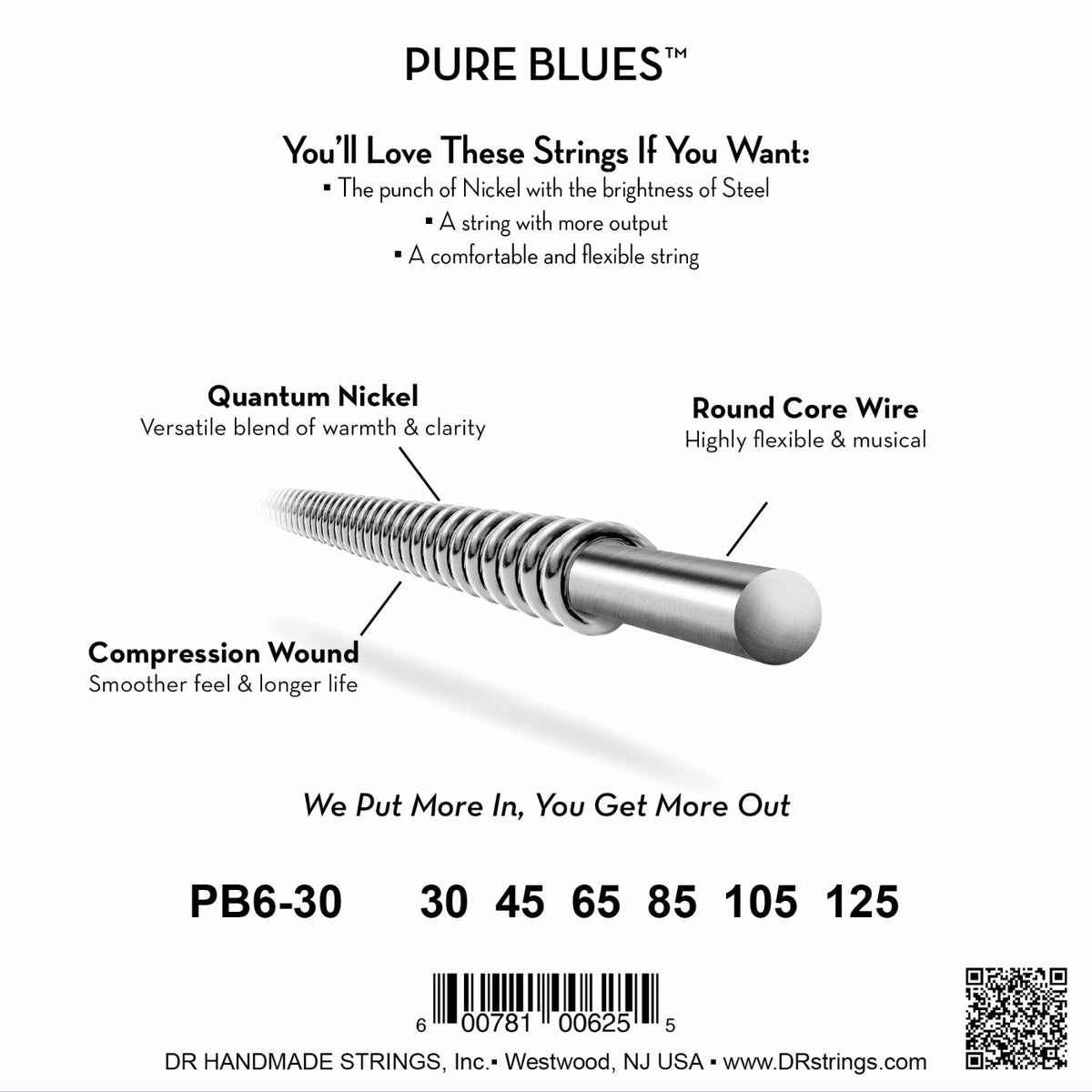 Mặt sau bao bì dây DR Pure Blues PB6-30: mã PB6-30, cỡ từng dây, mã vạch, DR Handmade Strings Westwood NJ USA