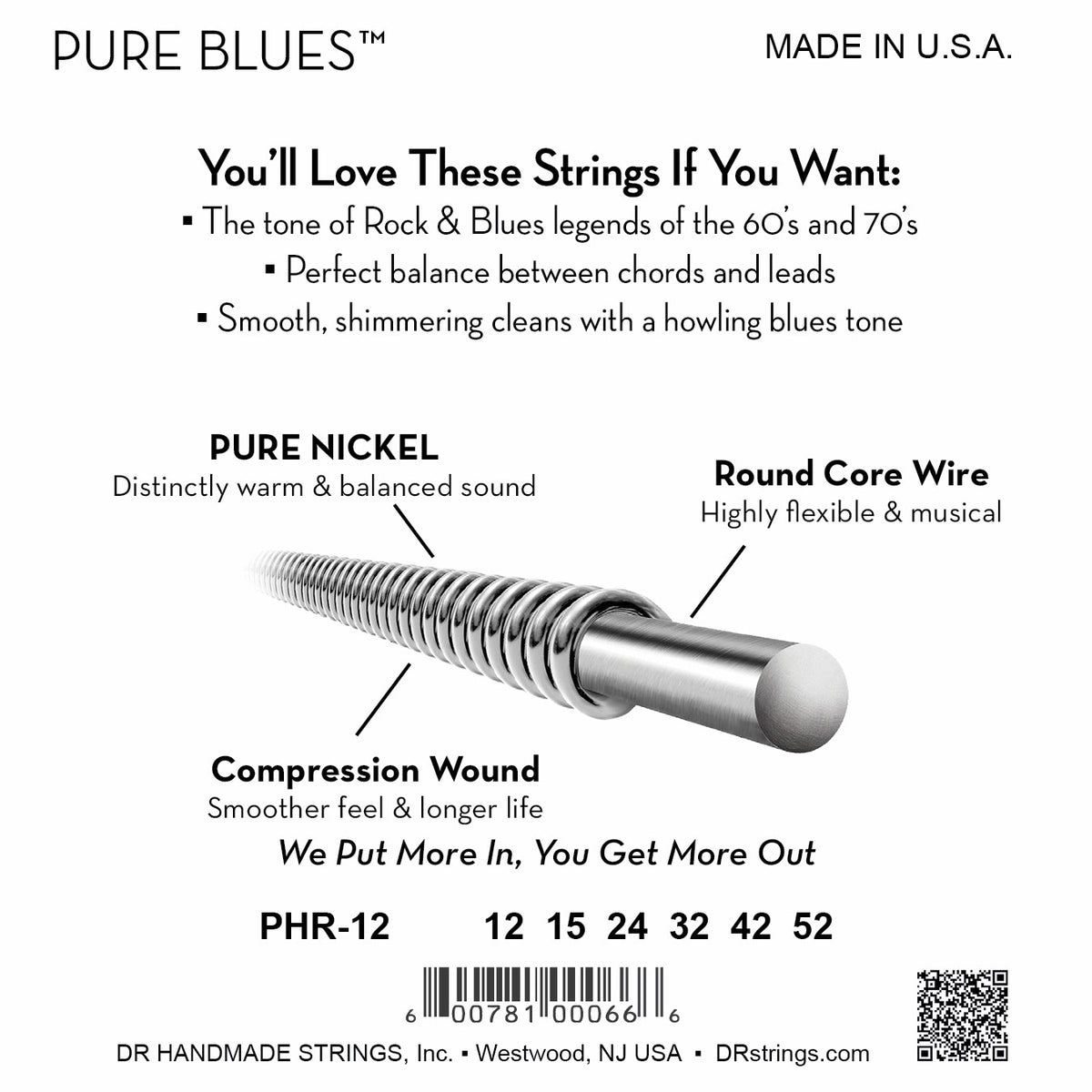 Mặt sau bao bì dây DR Pure Blues PHR-12: mã PHR-12, cỡ từng dây, mã vạch, DR Handmade Strings Westwood NJ USA