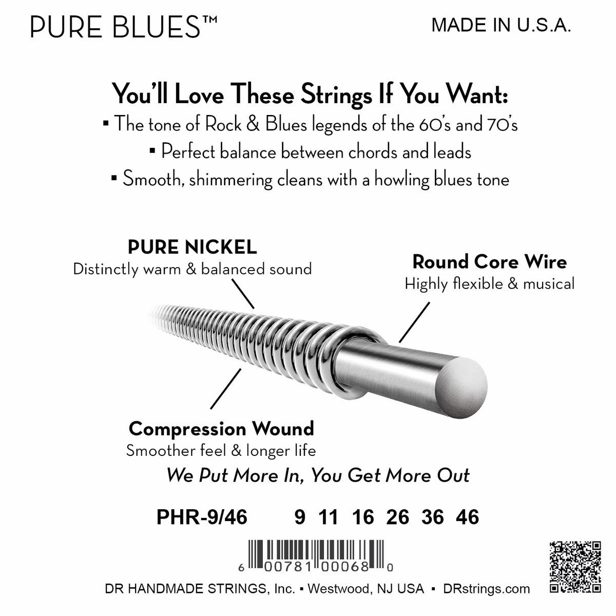 Mặt sau bao bì dây DR Pure Blues PHR-9/46: mã PHR-9/46, cỡ từng dây, mã vạch, DR Handmade Strings Westwood NJ USA