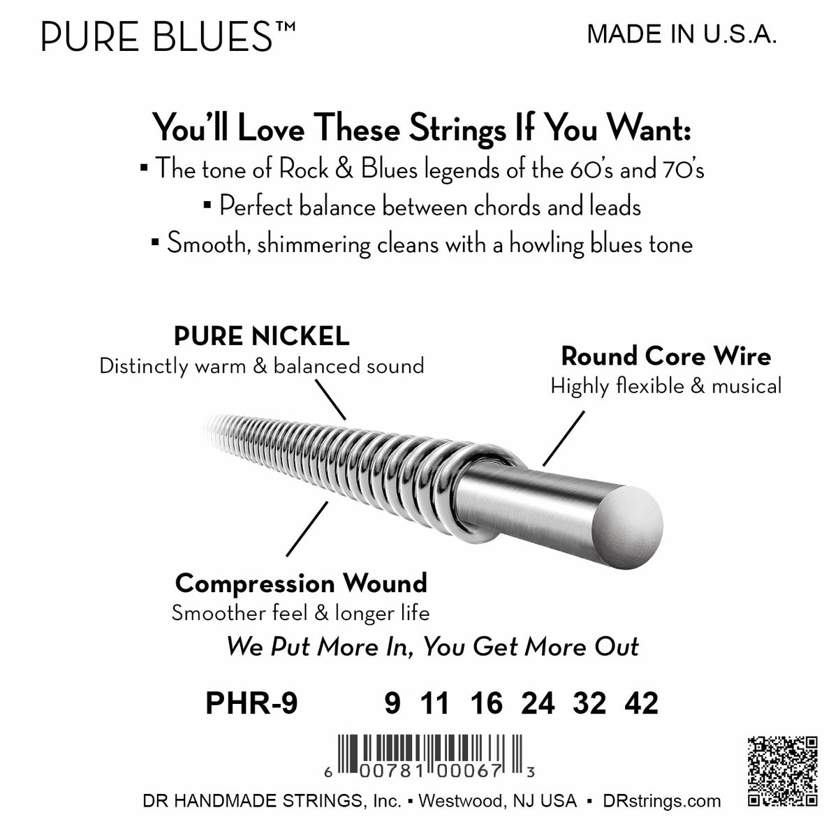 Mặt sau bao bì dây DR Pure Blues PHR-9: mã PHR-9, cỡ từng dây, mã vạch, DR Handmade Strings Westwood NJ USA