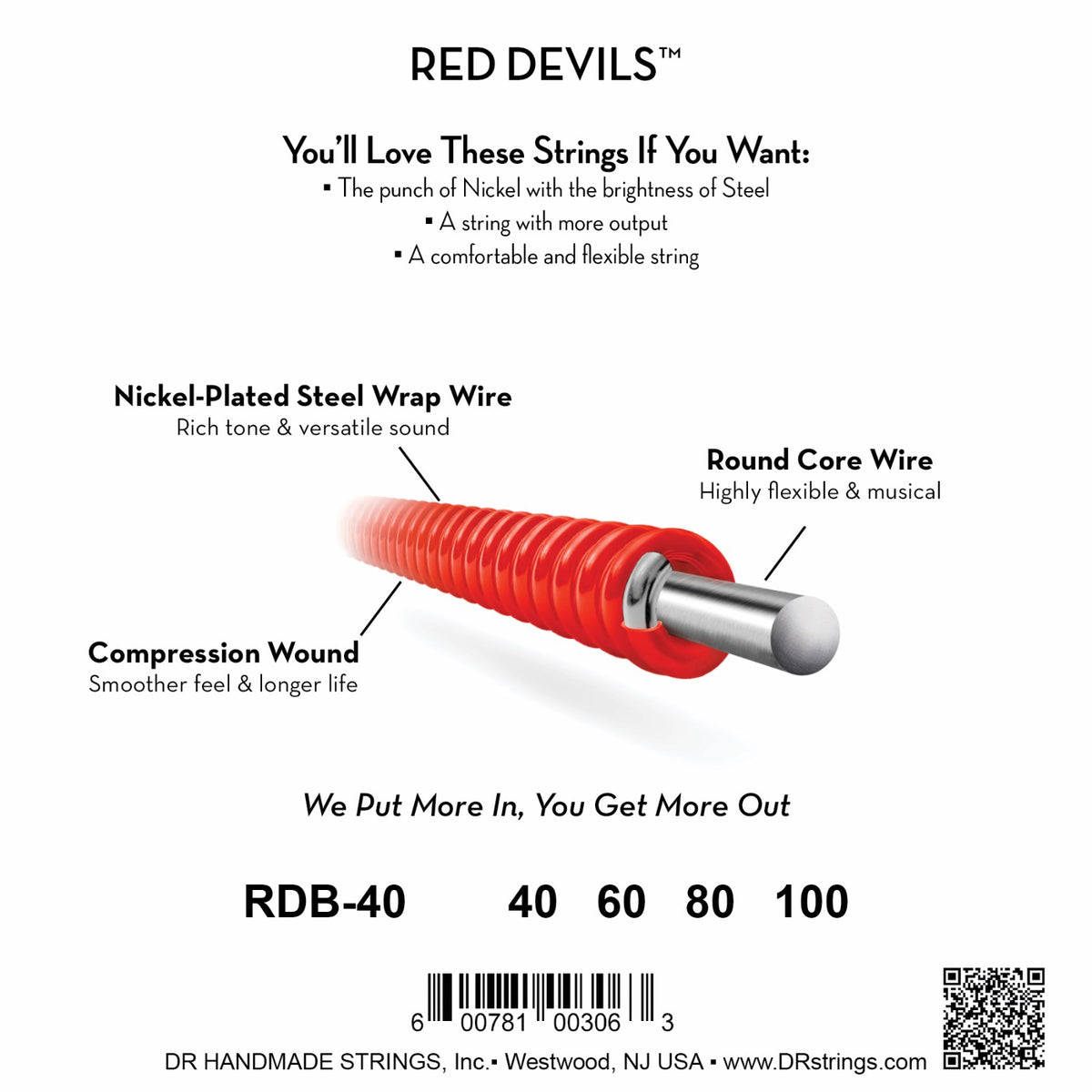 Mặt sau bao bì dây DR Red Devils RDB-40: mã RDB-40, cỡ từng dây, mã vạch, DR Handmade Strings Westwood NJ USA