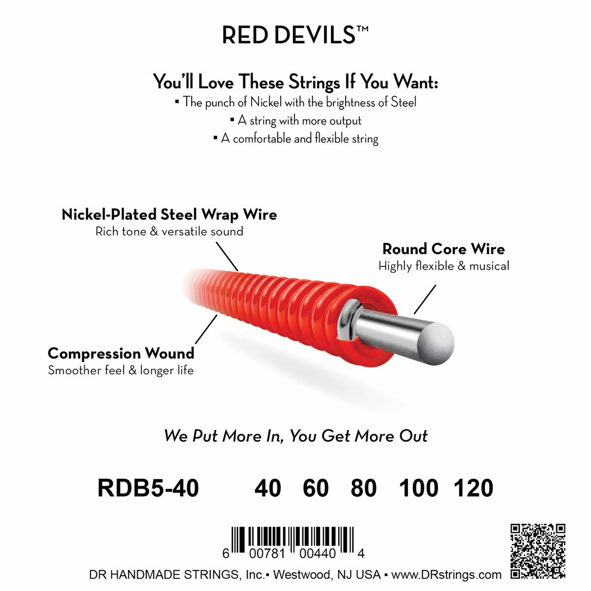 Mặt sau bao bì dây DR Red Devils RDB5-40: mã RDB5-40, cỡ từng dây, mã vạch, DR Handmade Strings Westwood NJ USA