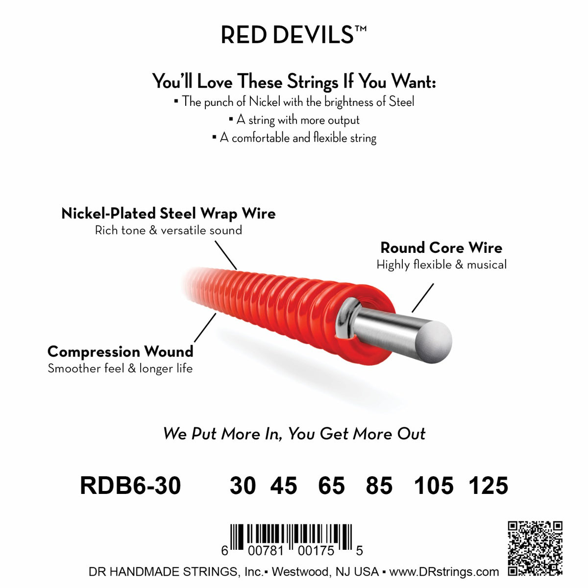 Mặt sau bao bì dây DR Red Devils RDB6-30: mã RDB6-30, cỡ từng dây, mã vạch, DR Handmade Strings Westwood NJ USA