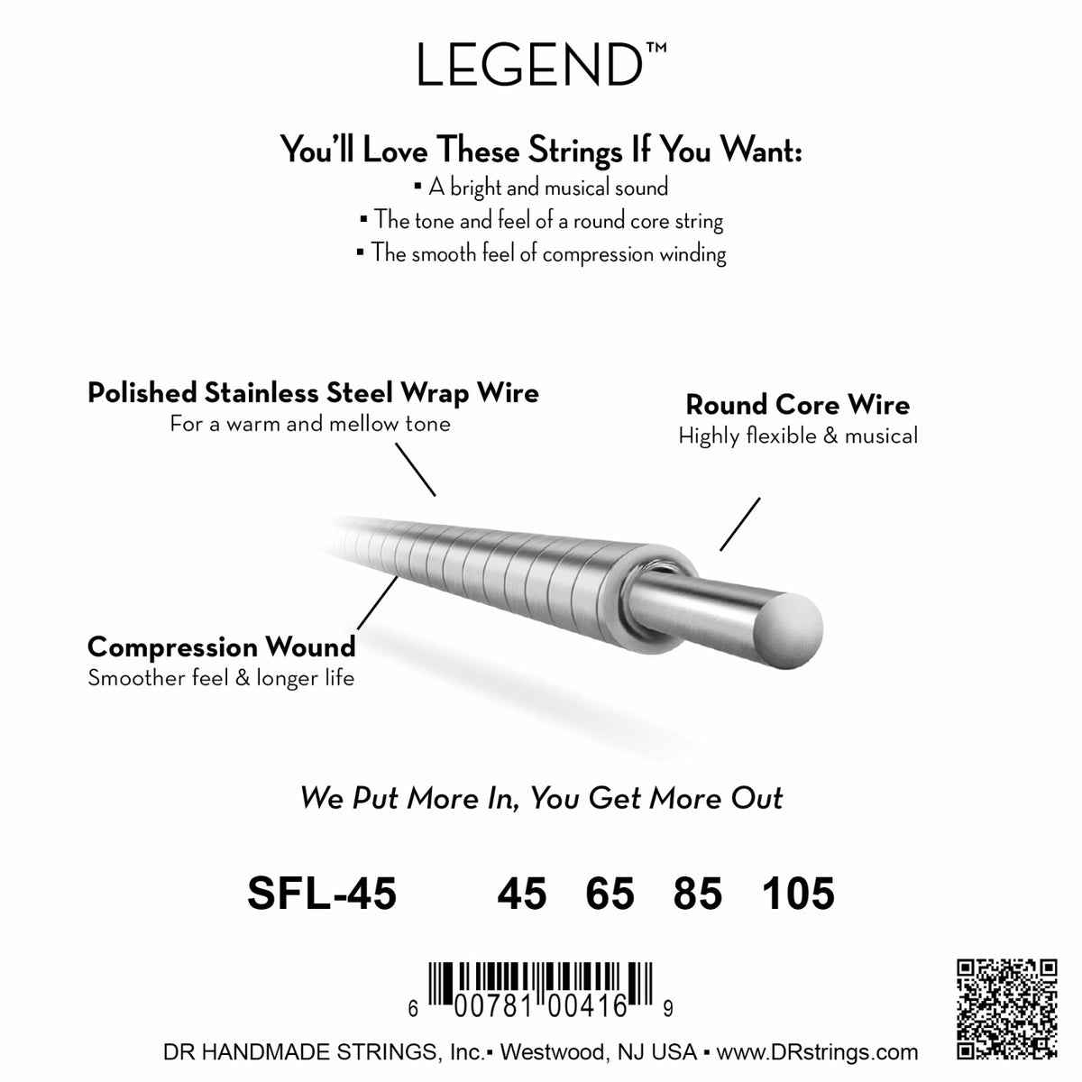 Mặt sau bao bì dây DR Legend Flatwound SFL-45: mã SFL-45, cỡ từng dây, mã vạch, DR Handmade Strings Westwood NJ USA