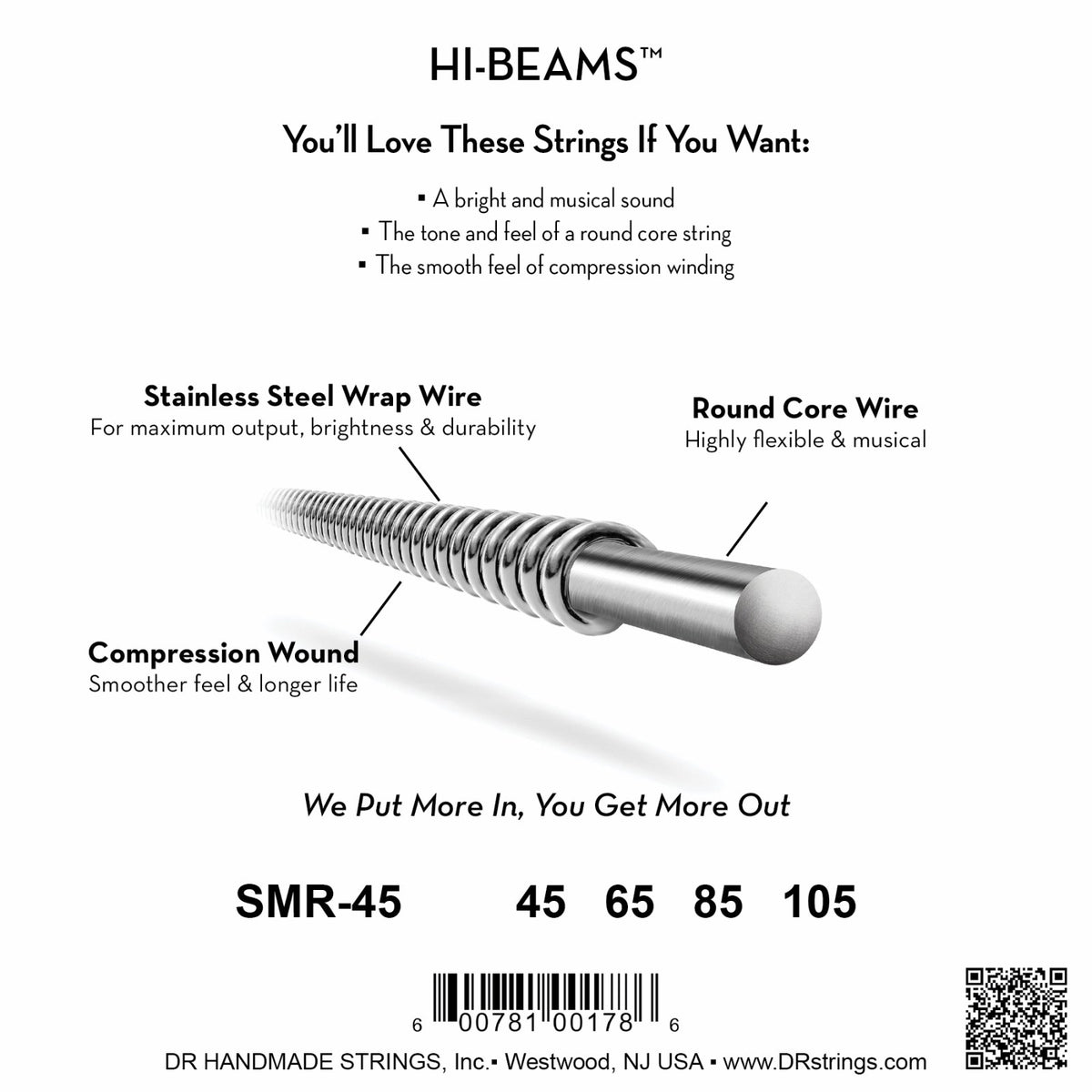Mặt sau bao bì dây DR Hi-Beam SMR-45: mã SMR-45, cỡ từng dây, mã vạch, DR Handmade Strings Westwood NJ USA