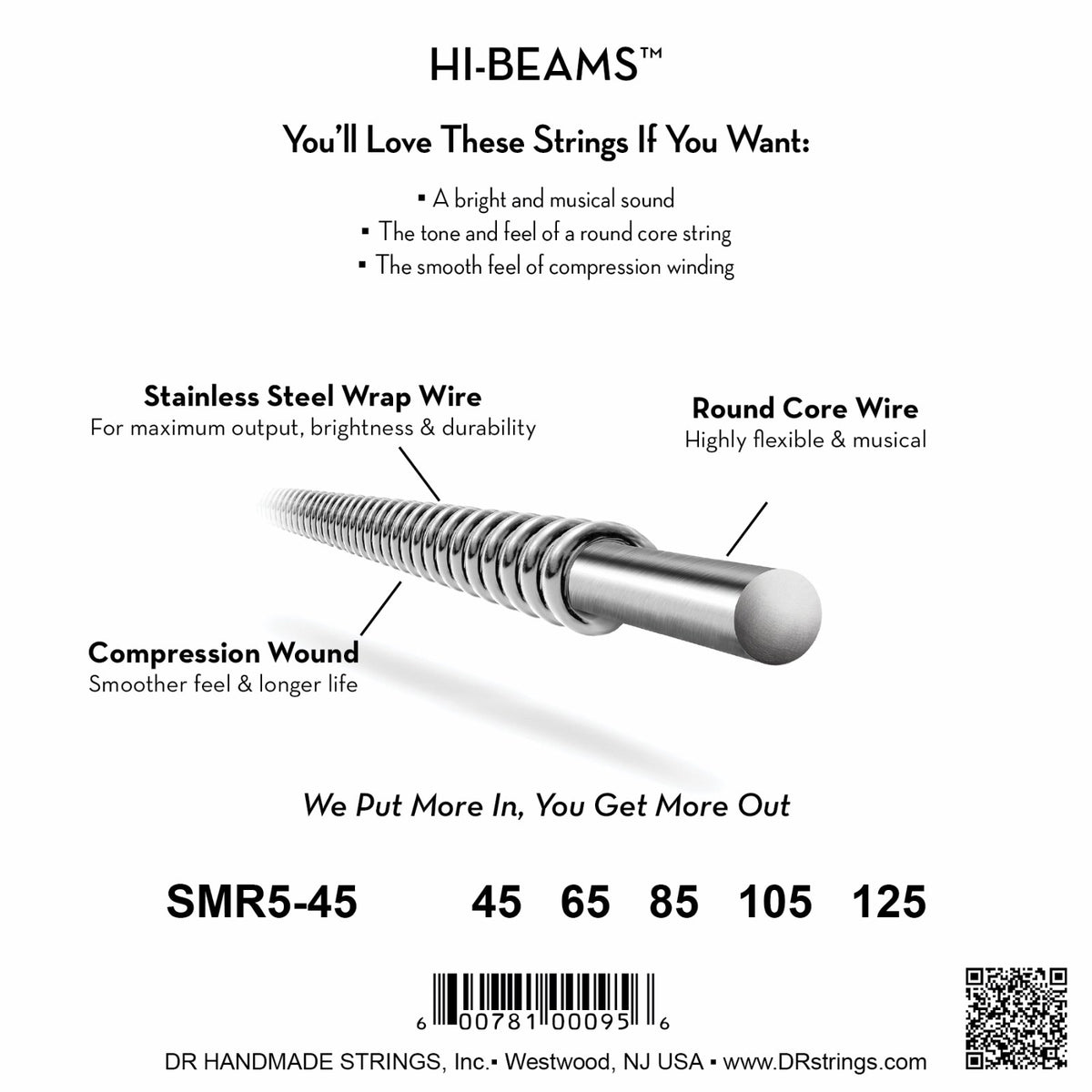 Mặt sau bao bì dây DR Hi-Beam SMR5-45: mã SMR5-45, cỡ từng dây, mã vạch, DR Handmade Strings Westwood NJ USA