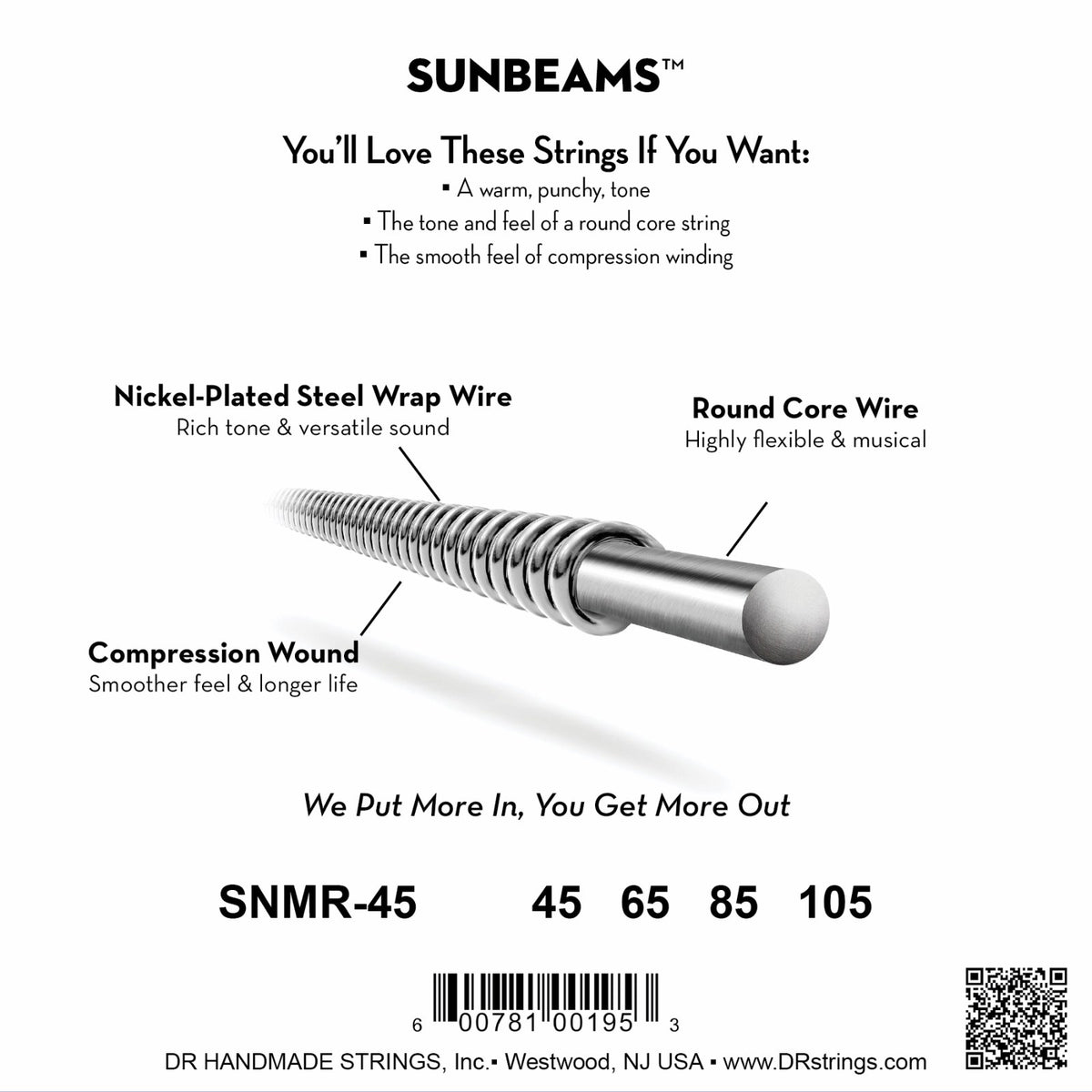 Mặt sau bao bì dây DR Sunbeam SNMR-45: mã SNMR-45, cỡ từng dây, mã vạch, DR Handmade Strings Westwood NJ USA