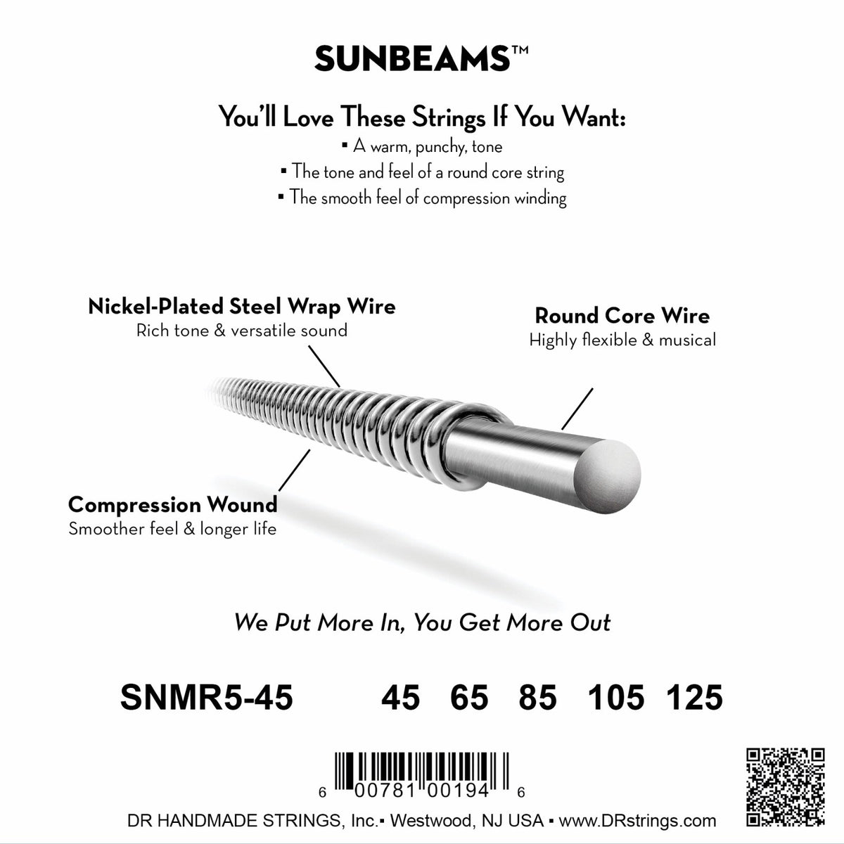 Mặt sau bao bì dây DR Sunbeam SNMR5-45: mã SNMR5-45, cỡ từng dây, mã vạch, DR Handmade Strings Westwood NJ USA