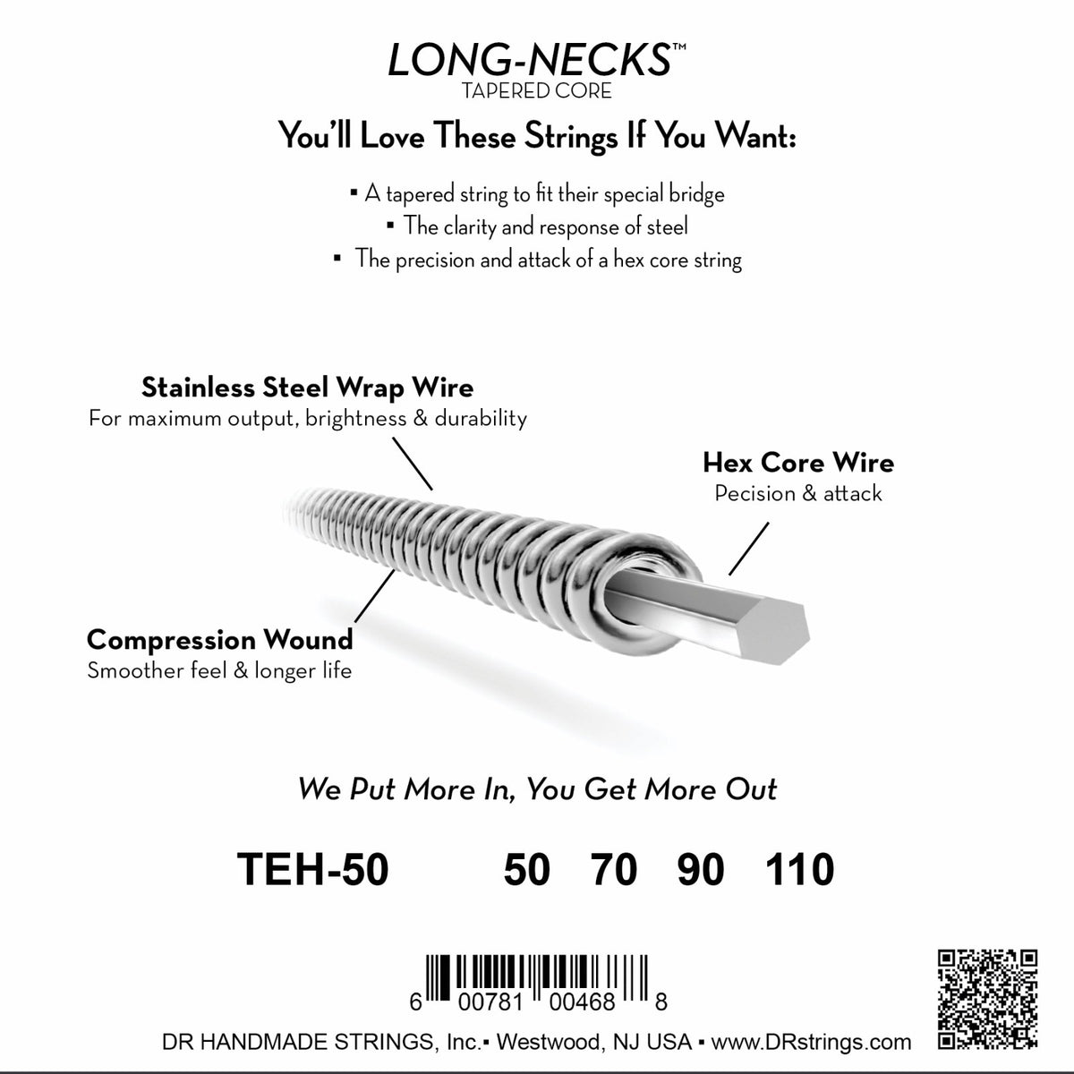 Mặt sau bao bì dây DR Long-Necks Taper TEH-50: mã TEH-50, cỡ từng dây, mã vạch, DR Handmade Strings Westwood NJ USA