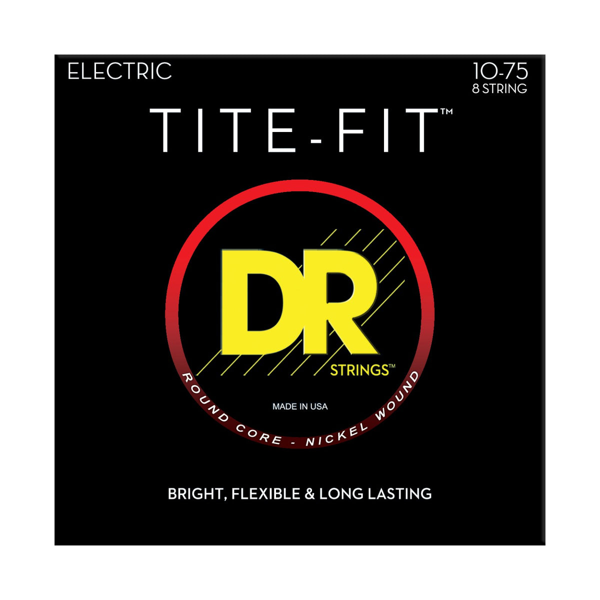 Dây DR Tite-Fit TF8-10 10-75 Medium 8-String – bao bì mặt trước, in MADE IN USA