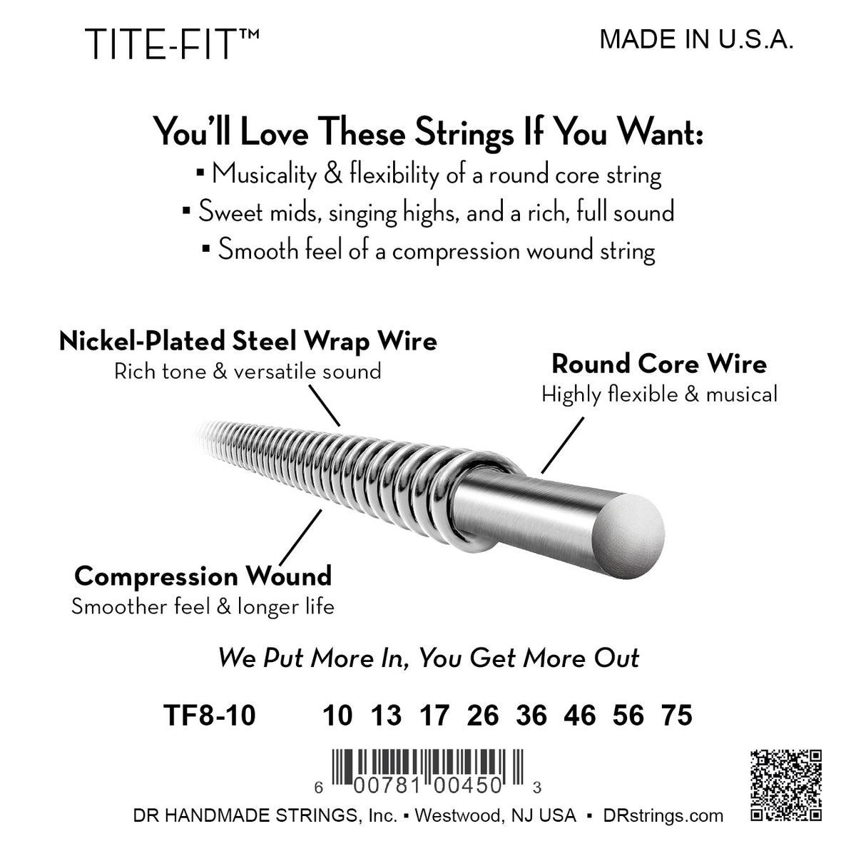Mặt sau bao bì dây DR Tite-Fit TF8-10: mã TF8-10, cỡ từng dây, mã vạch, DR Handmade Strings Westwood NJ USA