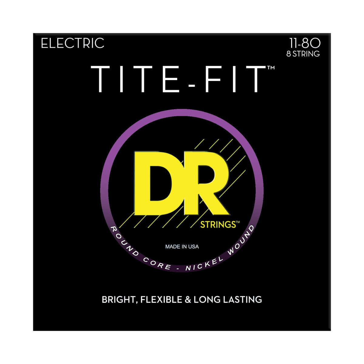 Dây DR Tite-Fit TF8-11 11-80 Extra Heavy 8-String – bao bì mặt trước, in MADE IN USA