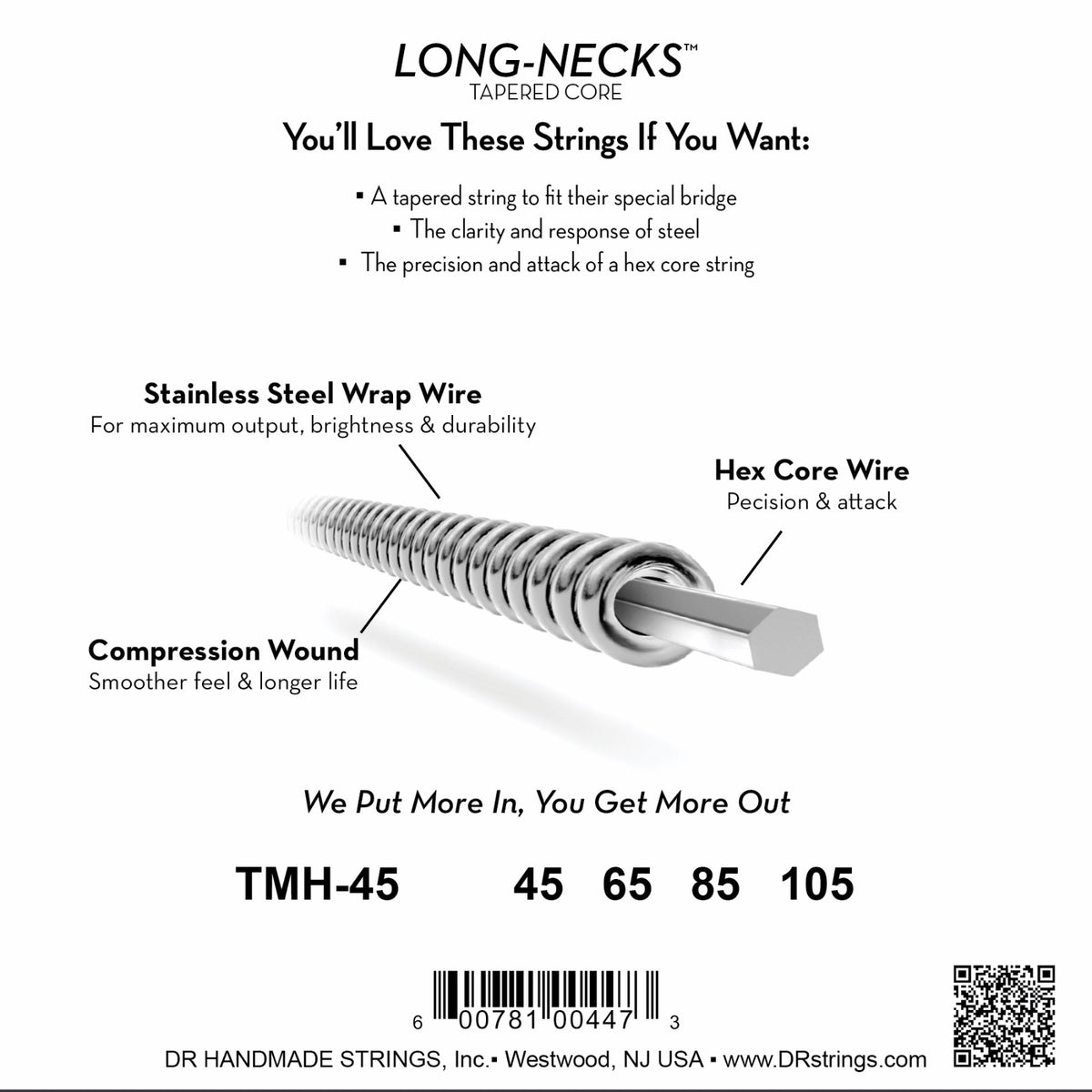 Mặt sau bao bì dây DR Long-Necks Taper TMH-45: mã TMH-45, cỡ từng dây, mã vạch, DR Handmade Strings Westwood NJ USA