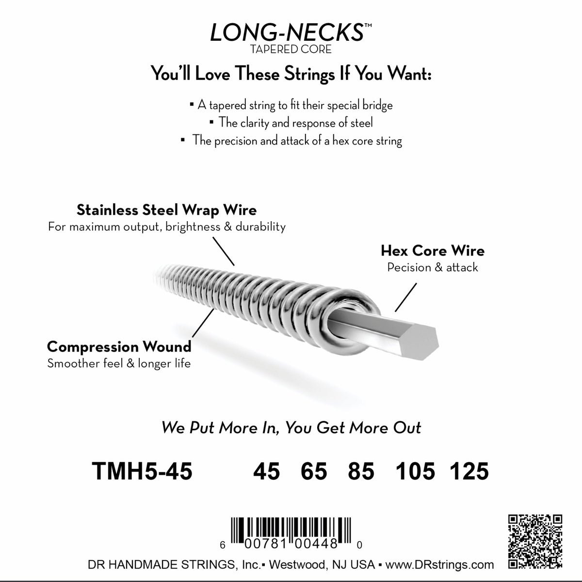 Mặt sau bao bì dây DR Long-Necks Taper TMH5-45: mã TMH5-45, cỡ từng dây, mã vạch, DR Handmade Strings Westwood NJ USA