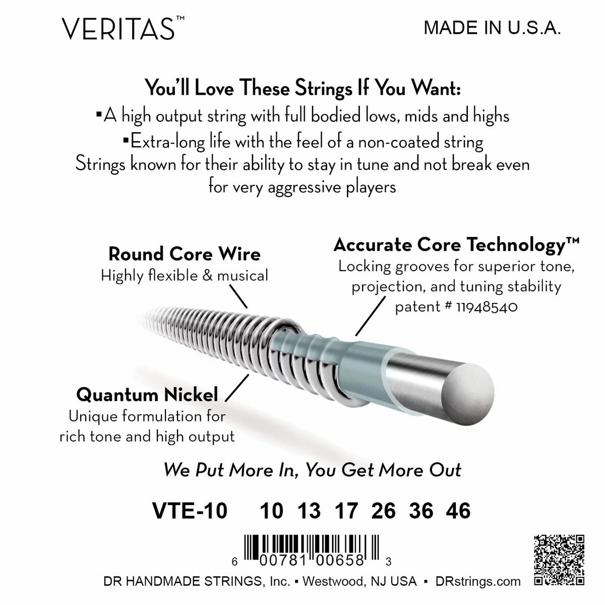 Mặt sau bao bì dây DR Veritas VTE-10: mã VTE-10, cỡ từng dây, mã vạch, DR Handmade Strings Westwood NJ USA