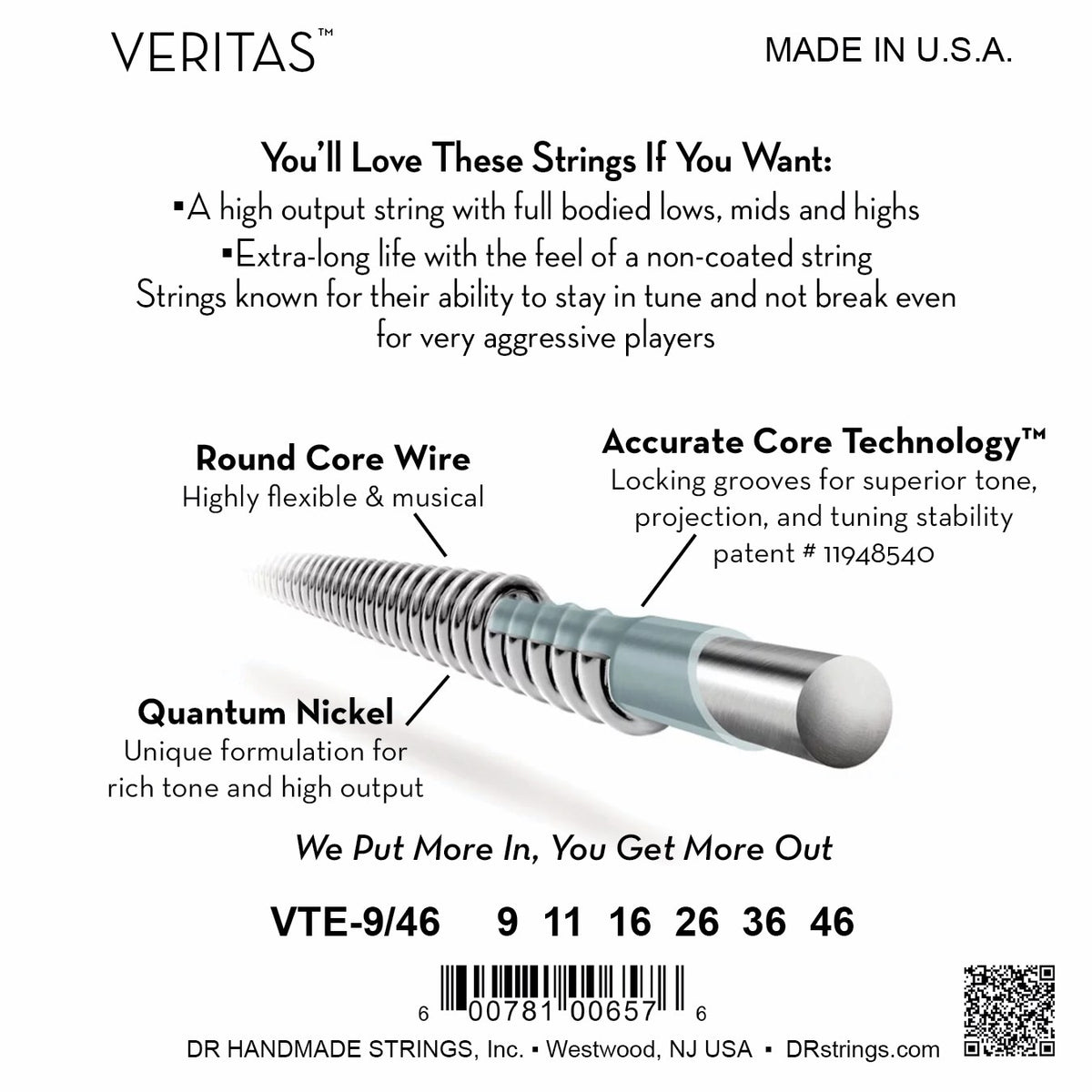 Mặt sau bao bì dây DR Veritas VTE-9/46: mã VTE-9/46, cỡ từng dây, mã vạch, DR Handmade Strings Westwood NJ USA