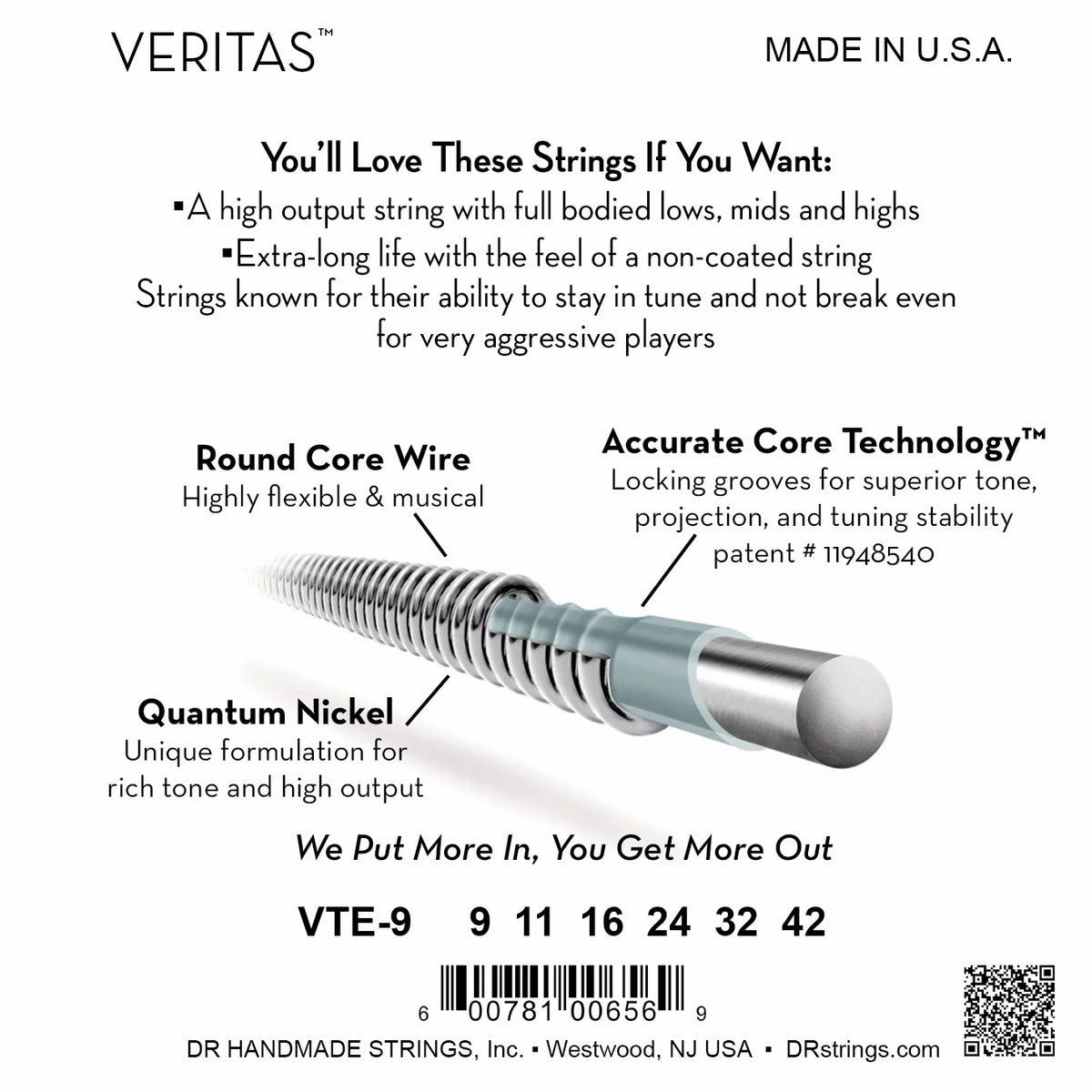 Mặt sau bao bì dây DR Veritas VTE-9: mã VTE-9, cỡ từng dây, mã vạch, DR Handmade Strings Westwood NJ USA