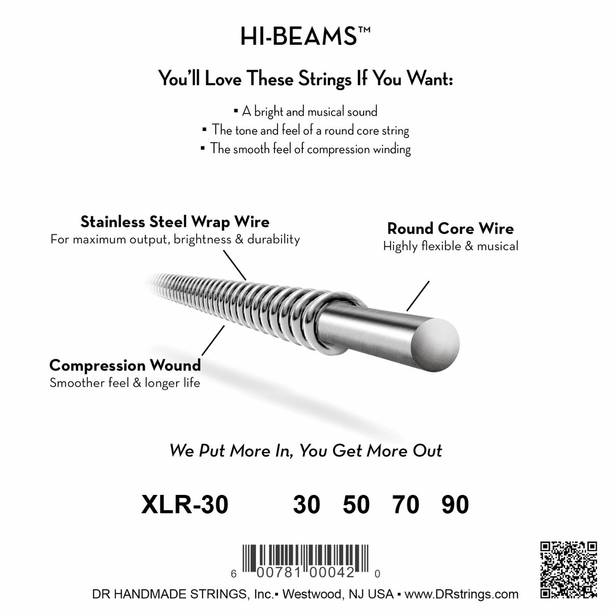 Mặt sau bao bì dây DR Hi-Beam XLR-30: mã XLR-30, cỡ từng dây, mã vạch, DR Handmade Strings Westwood NJ USA