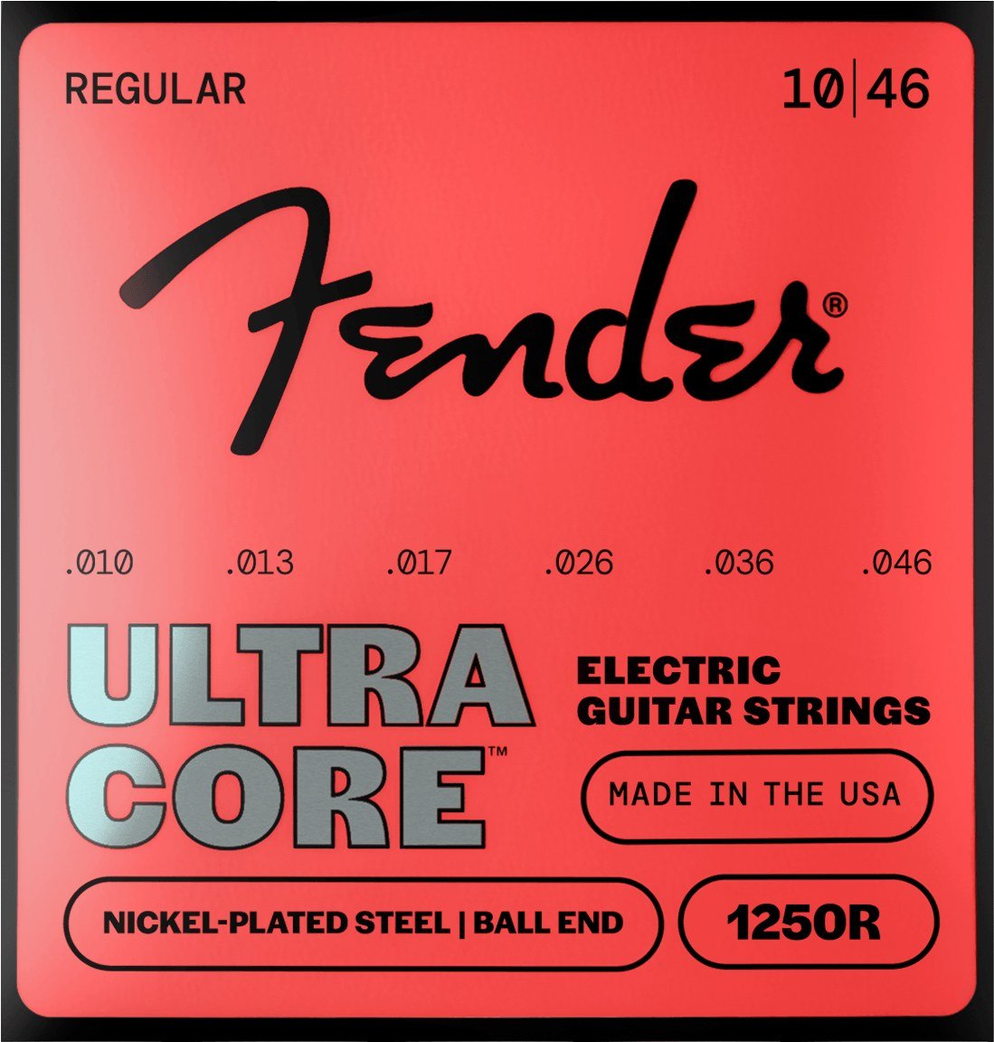 Dây Fender UltraCore 1250R 10-46 Regular – bao bì mặt trước mẫu mới, in MADE IN THE USA