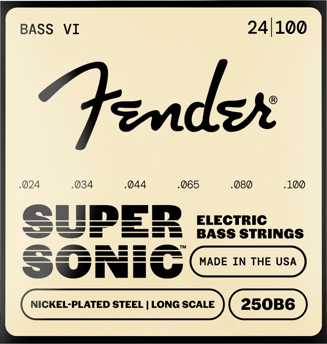 Dây Fender SuperSonic 250B6 Bass VI 250B6 24-100 Bass VI – bao bì mặt trước mẫu mới, in MADE IN THE USA