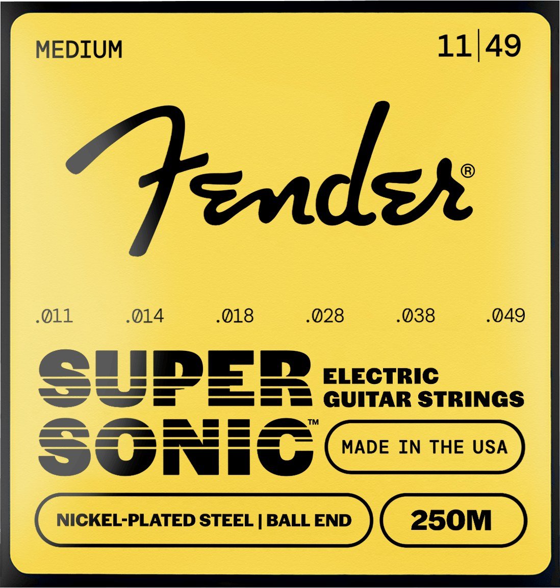 Dây Fender SuperSonic 250M 11-49 Medium – bao bì mặt trước mẫu mới, in MADE IN THE USA