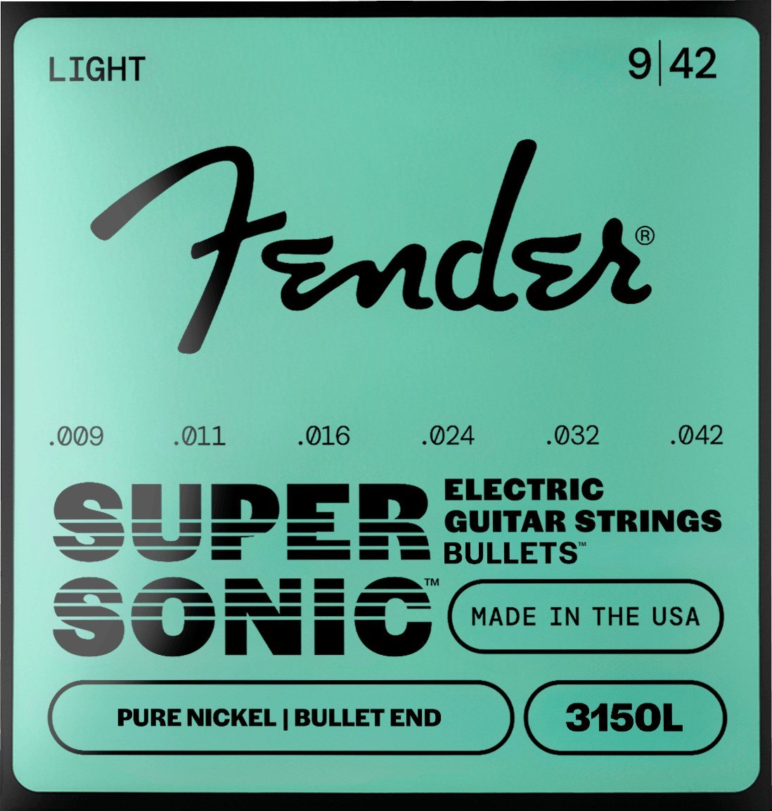 Dây Fender SuperSonic Bullets 3150L 9-42 Light – bao bì mặt trước mẫu mới, in MADE IN THE USA
