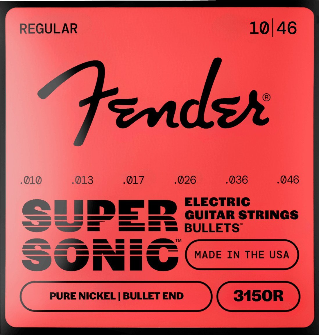 Dây Fender SuperSonic Bullets 3150R 10-46 Regular – bao bì mặt trước mẫu mới, in MADE IN THE USA