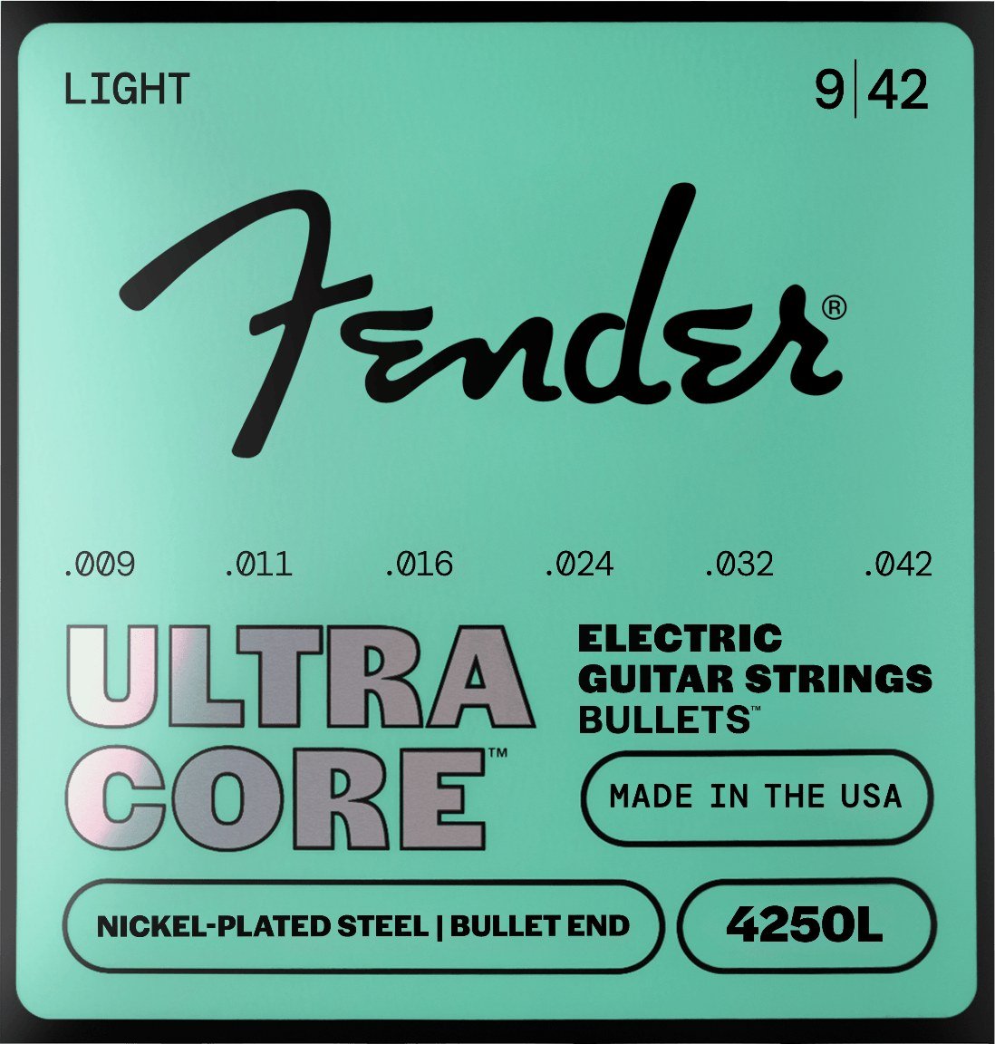 Dây Fender UltraCore Bullets 4250L 9-42 Light – bao bì mặt trước mẫu mới, in MADE IN THE USA