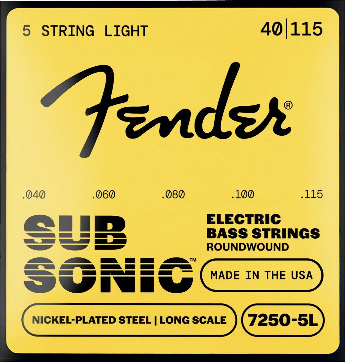 Dây Fender SubSonic 7250 5 dây 7250-5L 40-115 5 String Light – bao bì mặt trước mẫu mới, in MADE IN THE USA