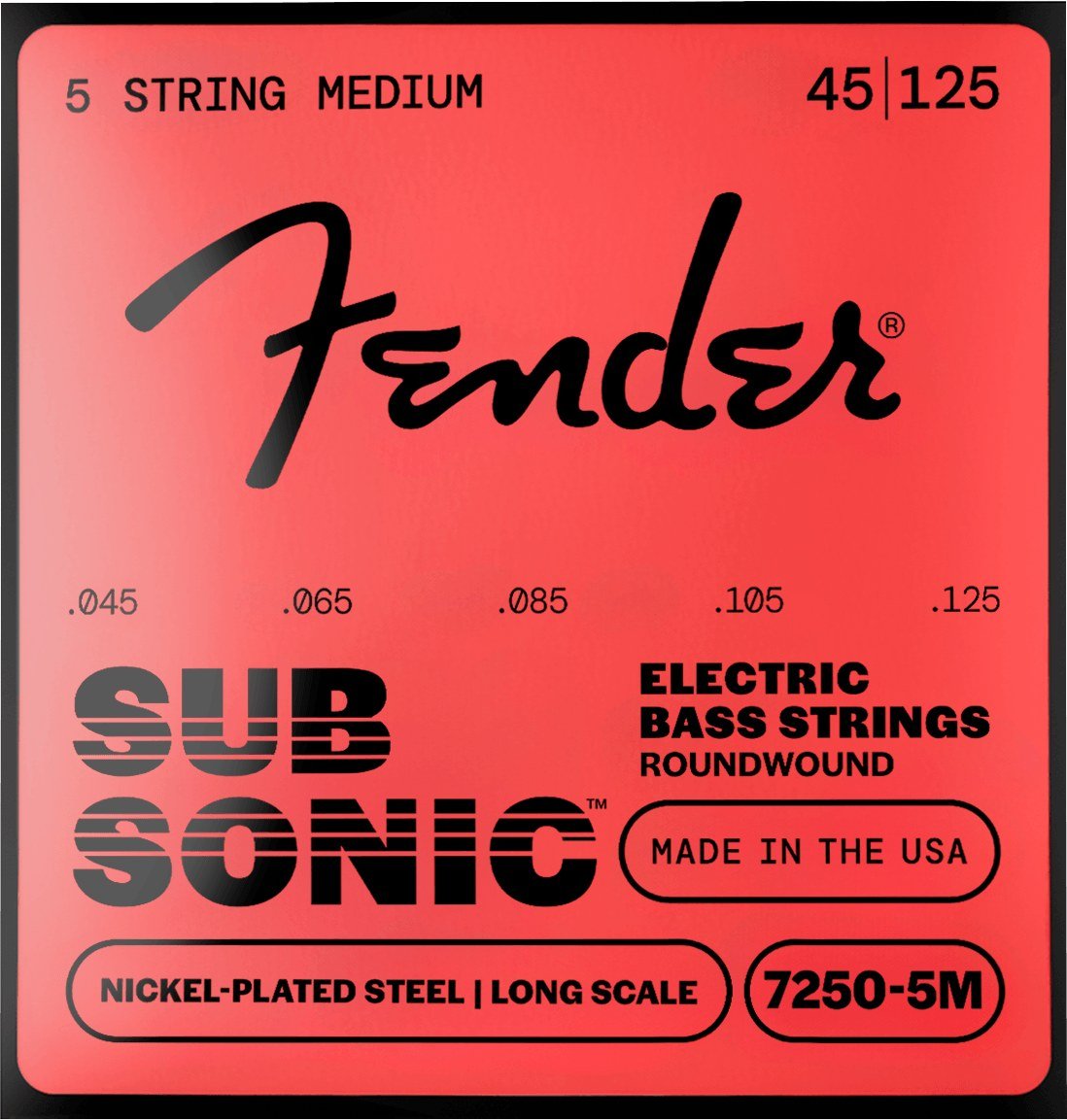Dây Fender SubSonic 7250 5 dây 7250-5M 45-125 5 String Medium – bao bì mặt trước mẫu mới, in MADE IN THE USA