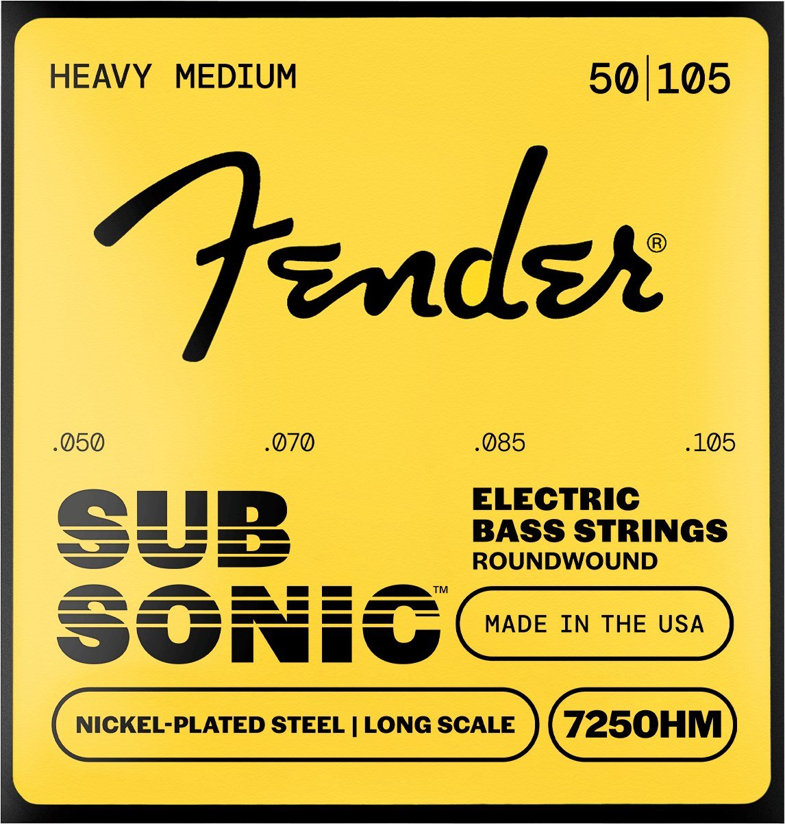 Dây Fender SubSonic 7250HM 50-105 Heavy Medium – bao bì mặt trước mẫu mới, in MADE IN THE USA