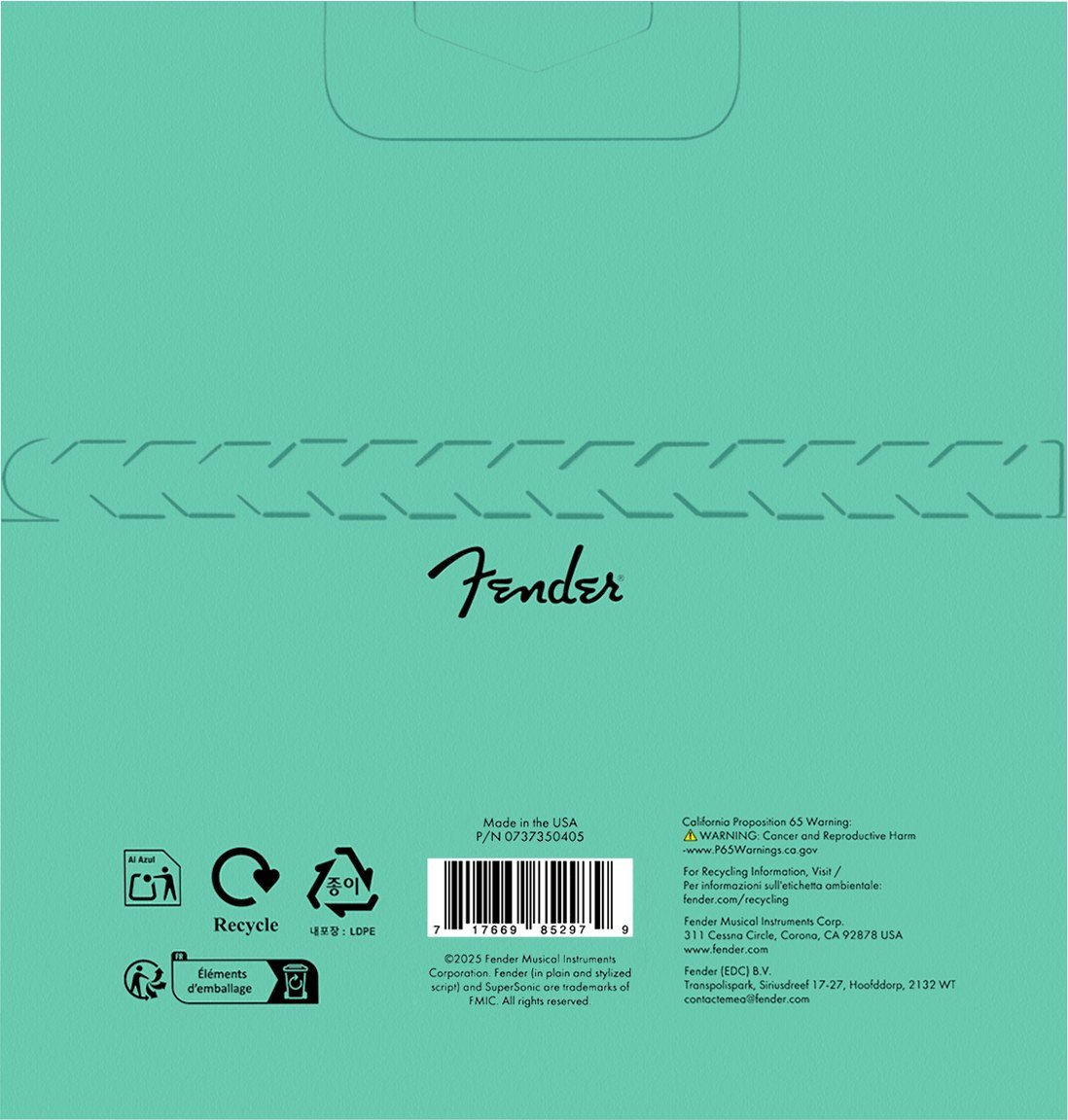 Mặt sau bao bì dây Fender SubSonic 7350ML – in Made in the USA, P/N và mã vạch