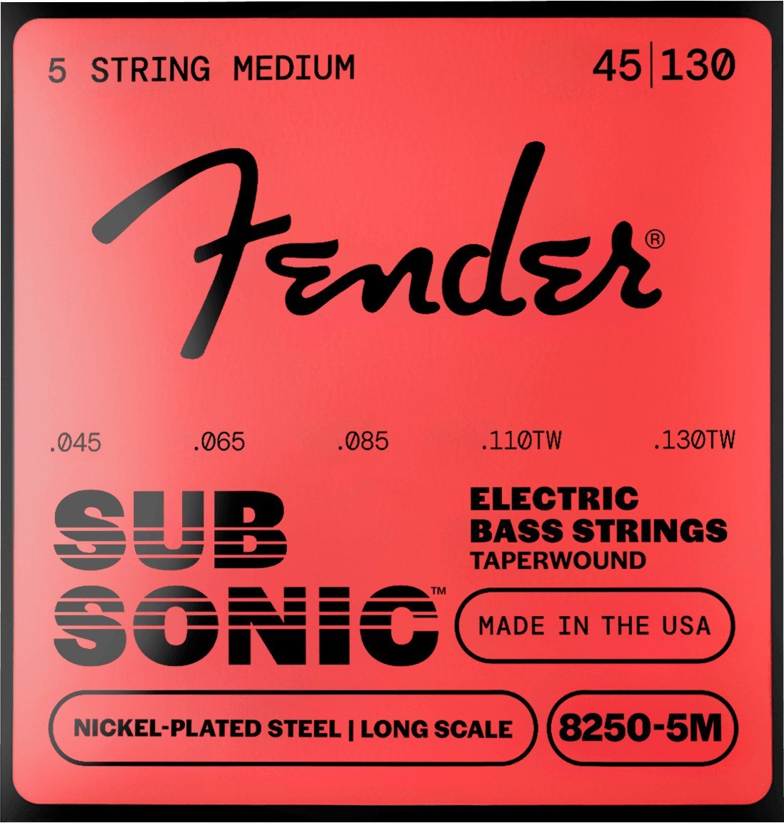 Dây Fender SubSonic 8250 Taperwound 5 dây 8250-5M 45-130 5 String Medium – bao bì mặt trước mẫu mới, in MADE IN THE USA