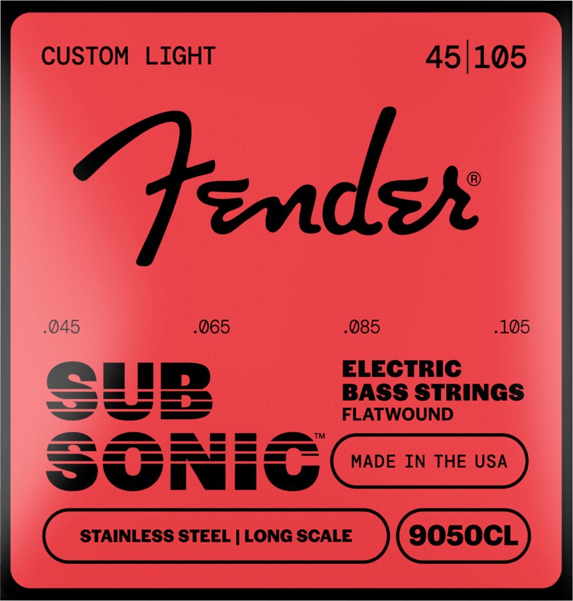 Dây Fender SubSonic 9050CL 45-105 Custom Light – bao bì mặt trước mẫu mới, in MADE IN THE USA