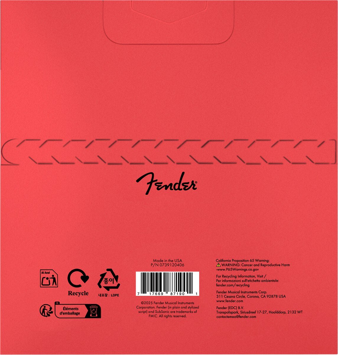 Mặt sau bao bì dây Fender SubSonic 9120 Nylon Tapewound 9120M – in Made in the USA, P/N và mã vạch
