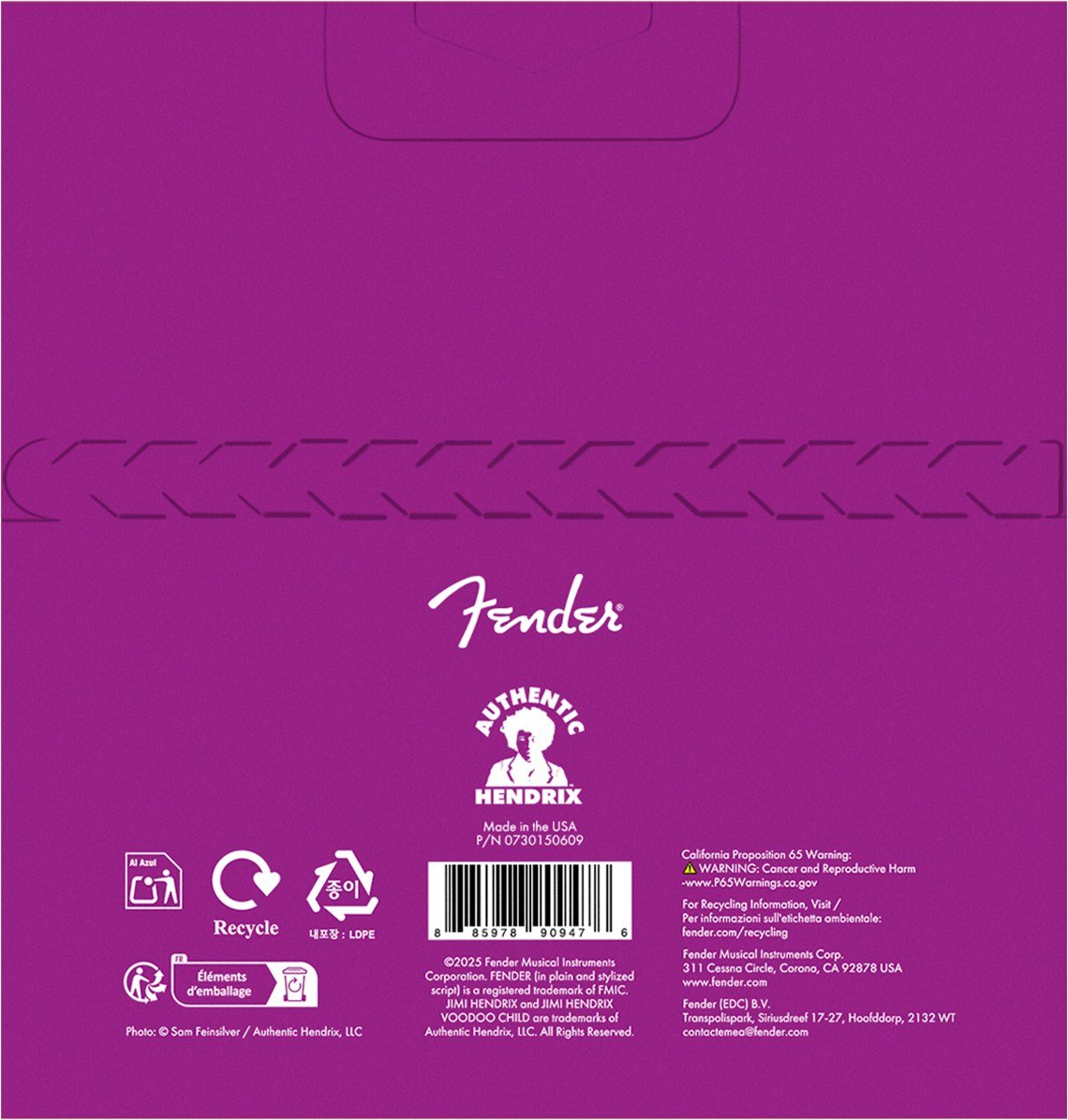 Mặt sau bao bì dây Fender Jimi Hendrix Voodoo Child (ảnh bộ Voodoo Child Ball End) – in Made in the USA, P/N và mã vạch