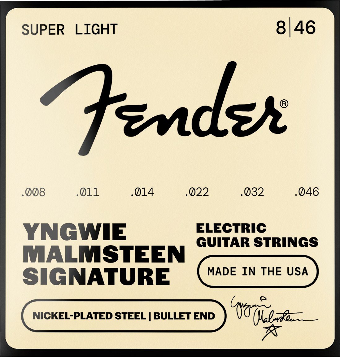 Dây Fender Yngwie Malmsteen Signature Bullets 8-46 Super Light – bao bì mặt trước mẫu mới, in MADE IN THE USA