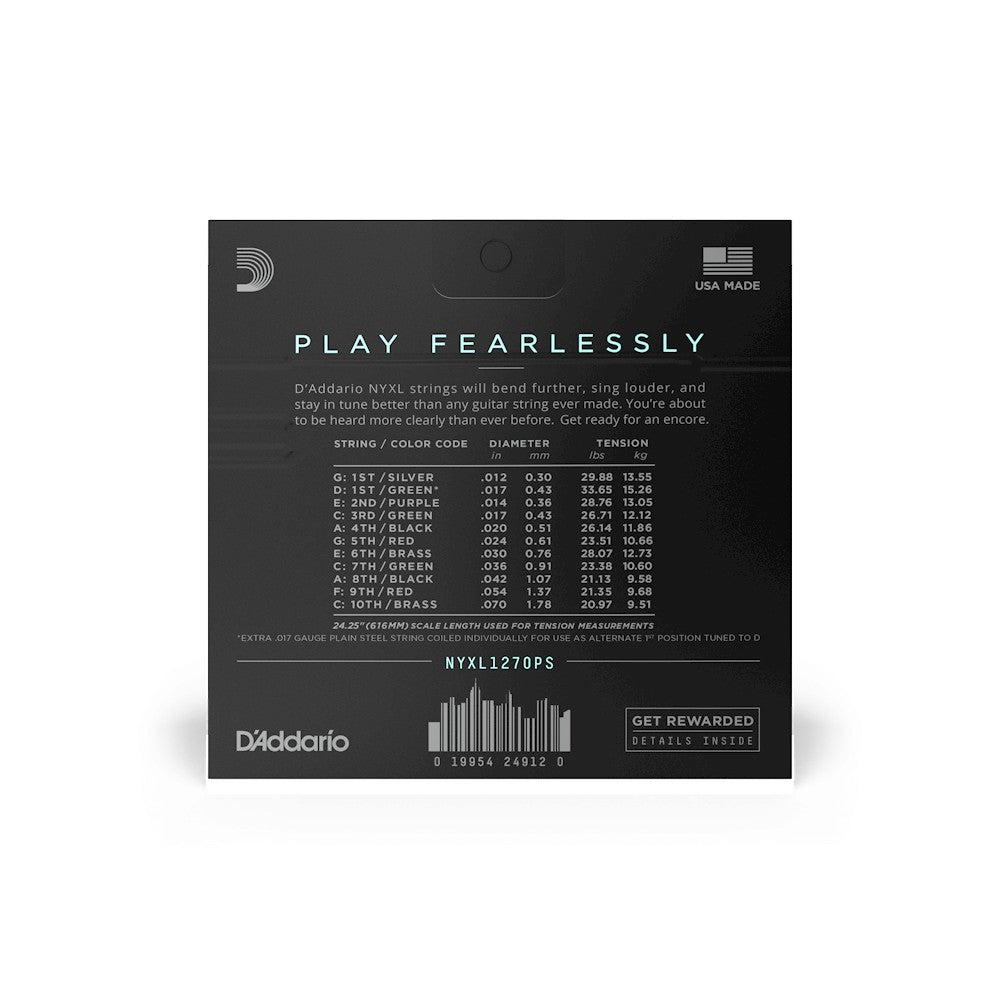 Mặt sau bao bì dây D'Addario NYXL1270PS – mã vạch UPC 019954249120