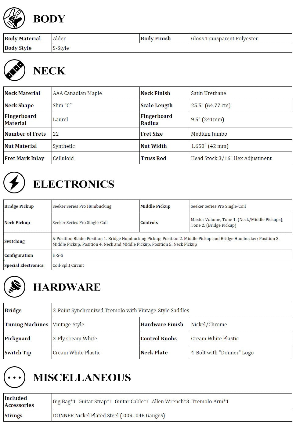 Đàn Guitar Điện Donner DST-400 Specs