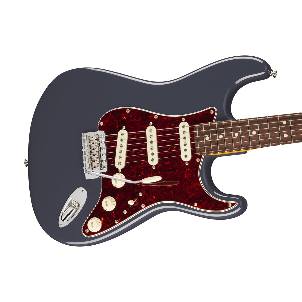 Đàn Guitar Điện Fender American Professional Classic Stratocaster màu Faded Black – góc nghiêng