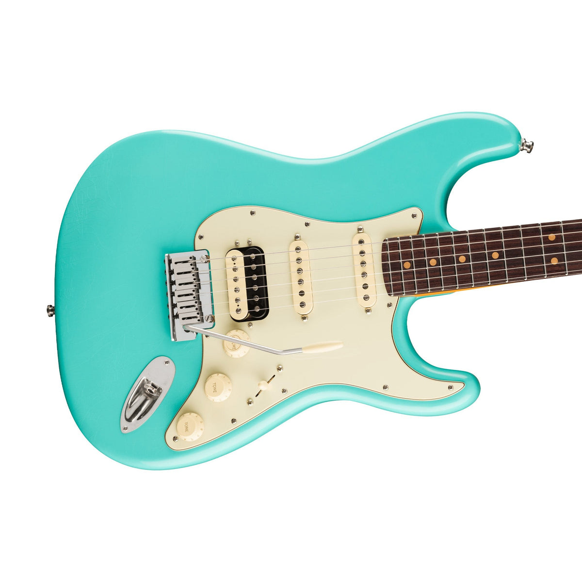 Đàn Guitar Điện Fender American Ultra Luxe Vintage '60s Stratocaster HSS màu Sea Foam Green – góc nghiêng