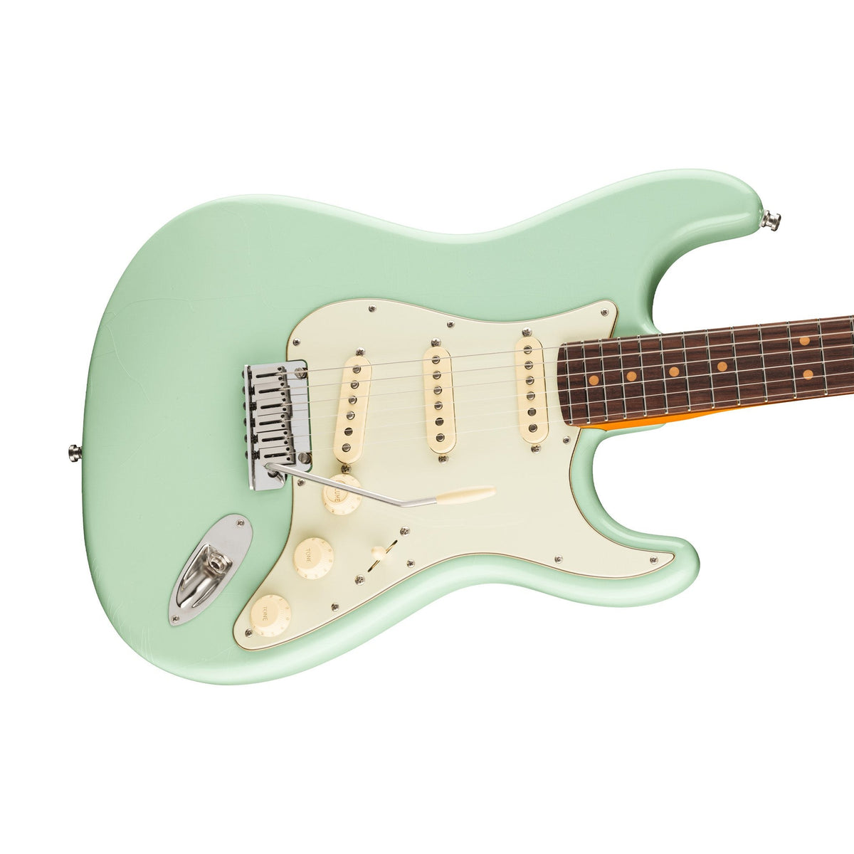 Đàn Guitar Điện Fender American Ultra Luxe Vintage '60s Stratocaster màu Surf Green – góc nghiêng