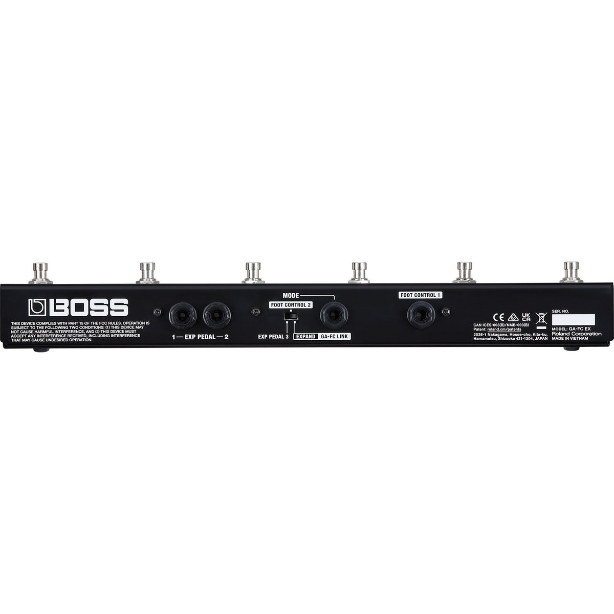 Footswitch BOSS GA-FC EX Foot Controller – mặt sau với jack kết nối và công tắc MODE