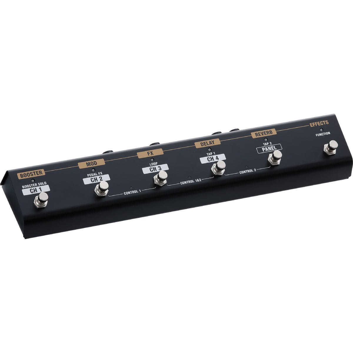 Footswitch BOSS GA-FC EX Foot Controller – góc nghiêng 3/4 với 6 footswitch và đèn LED trạng thái