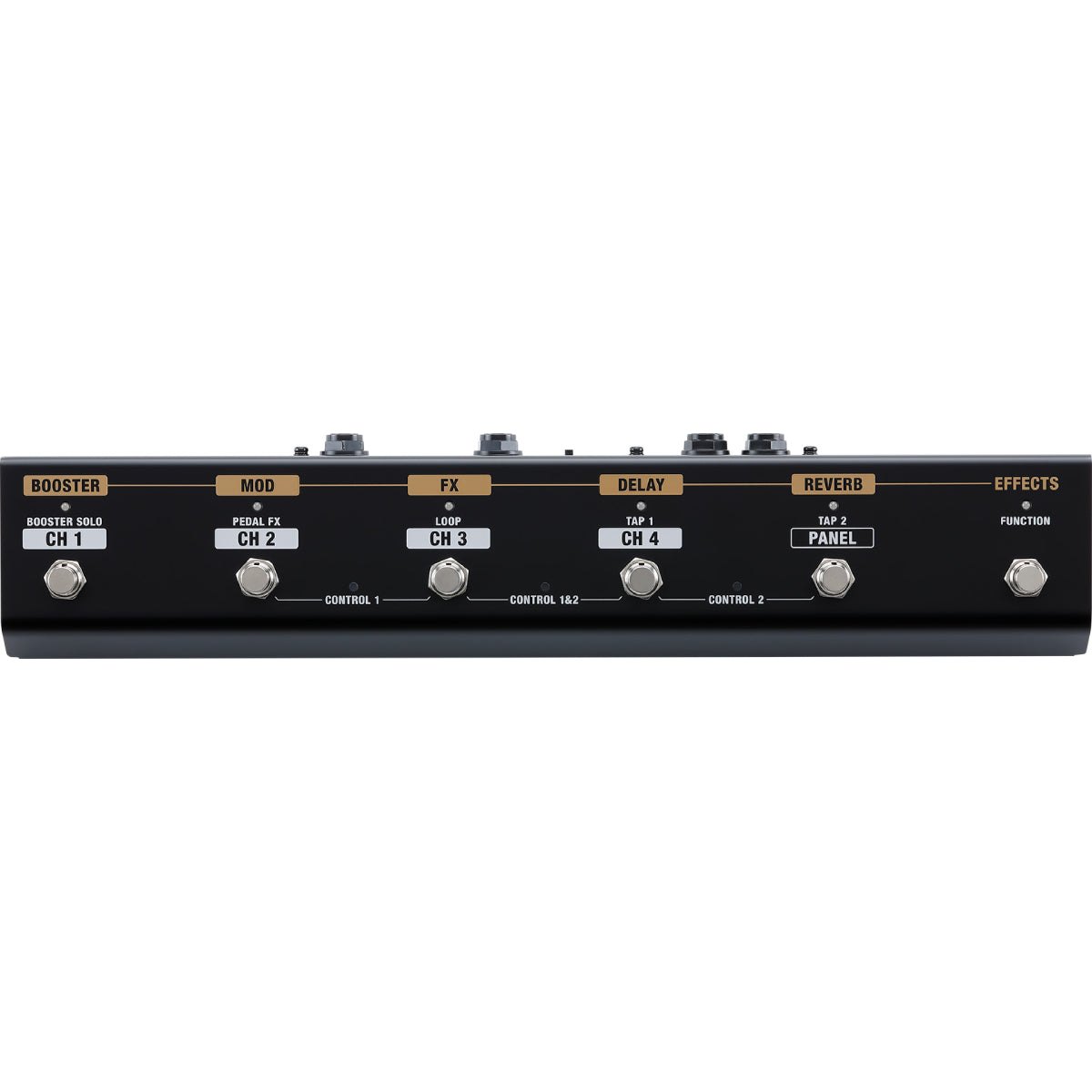 Footswitch BOSS GA-FC EX Foot Controller – mặt trên với các nút CH 1–4, PANEL, FUNCTION và nhãn hiệu ứng